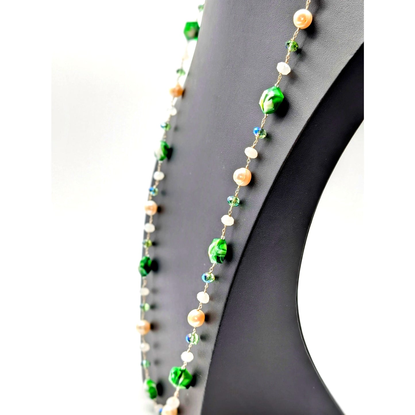 925 Sterling Silver Green White Swirl Glass Genuine Pearl Crystal 34" Necklace
