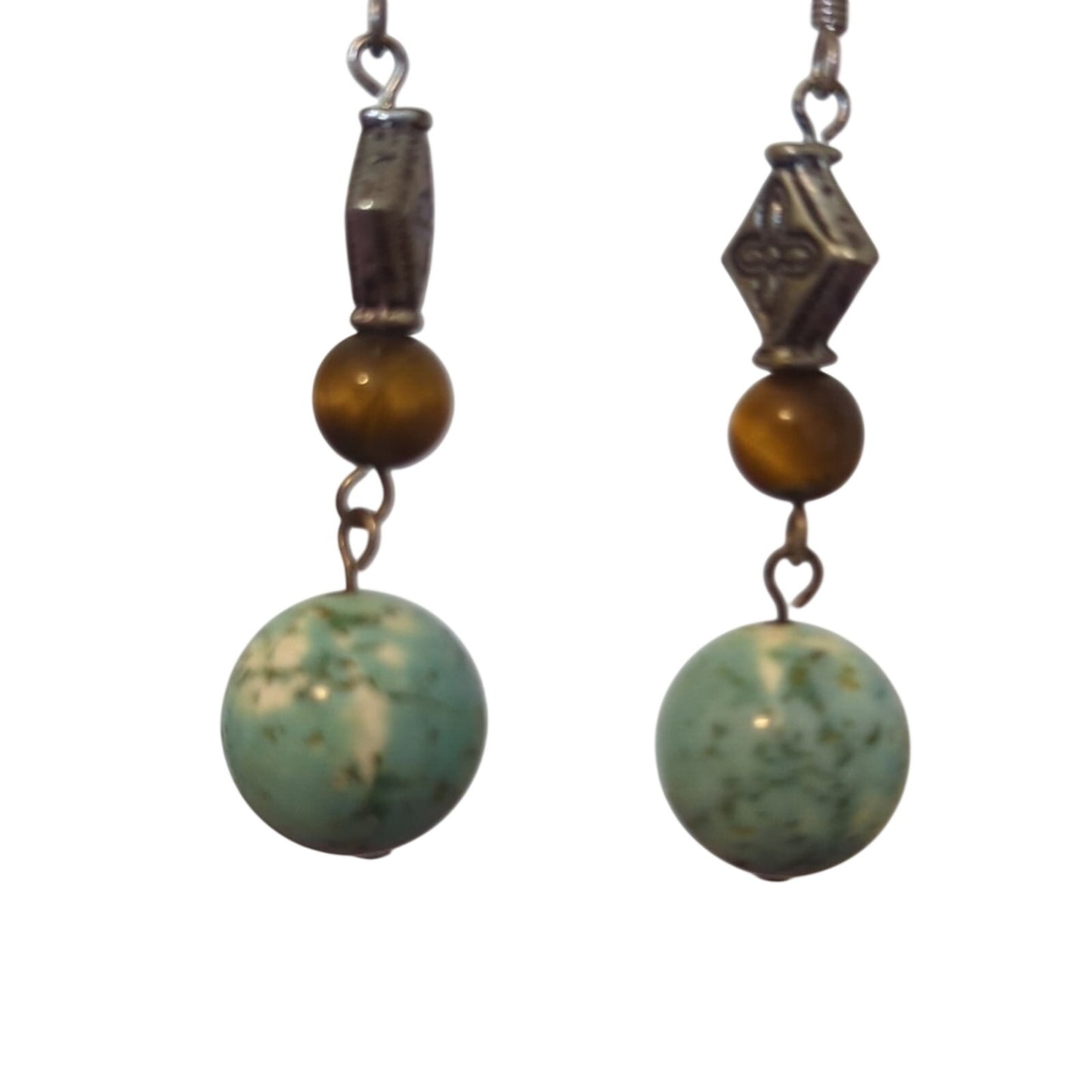 Silver Tone Two Stone Bead Dangle Earrings