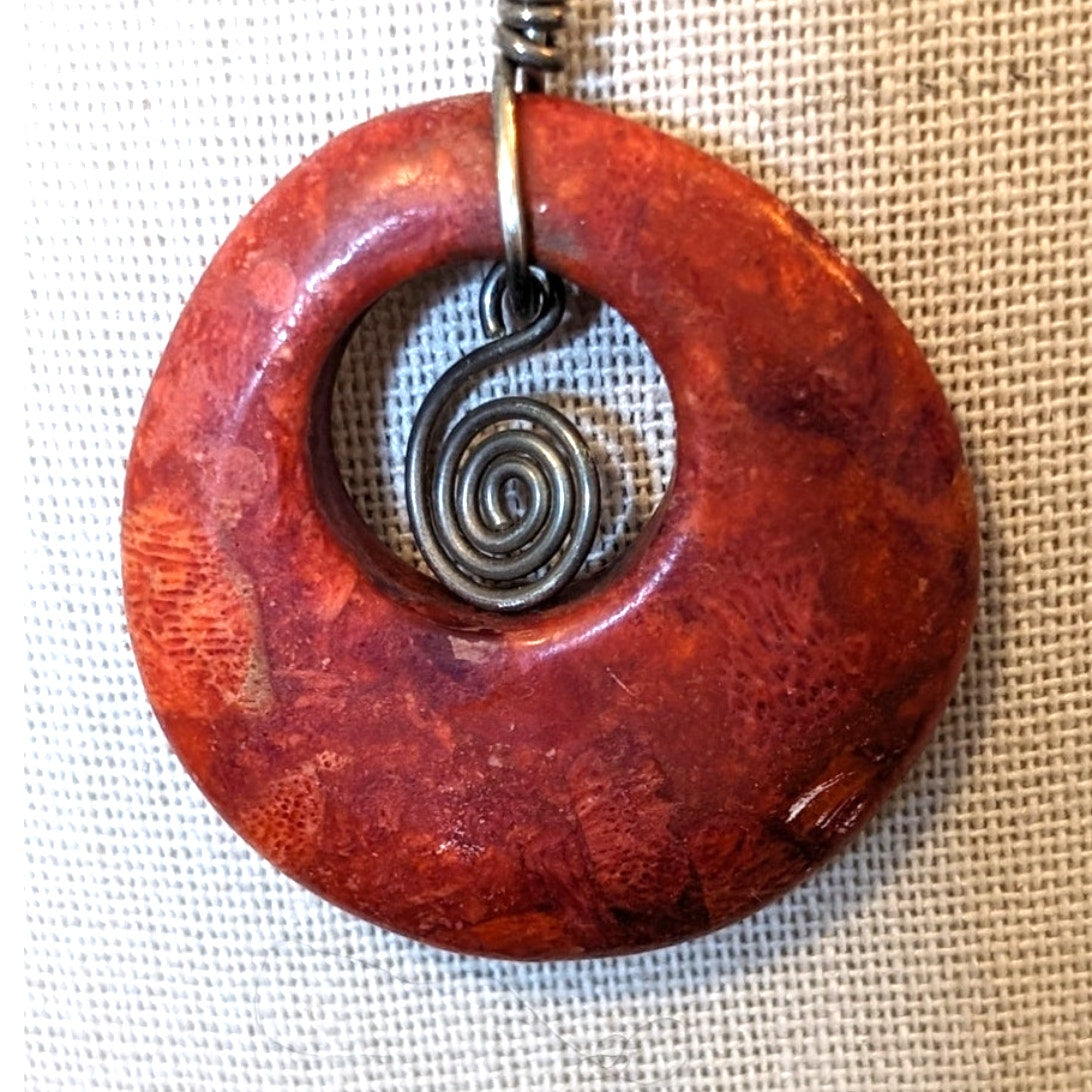 Vtg Large Red Coral Donut Boho Pendant on 925 Italy Sterling 18" Necklace