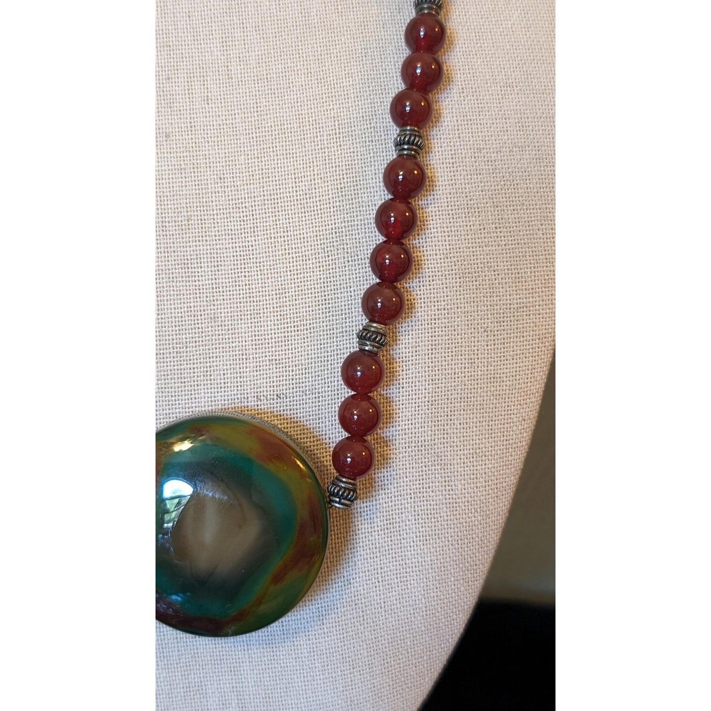 925 Sterling Carnelian Bead Large Jasper Cabochon Necklace W/ Fancy Hook Clasp