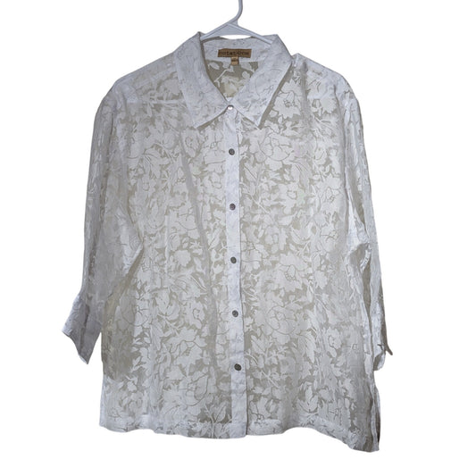 Notations Vintage White Cut Out Lace Button Front 3/4 Length Sleeves Shirt Sz XL