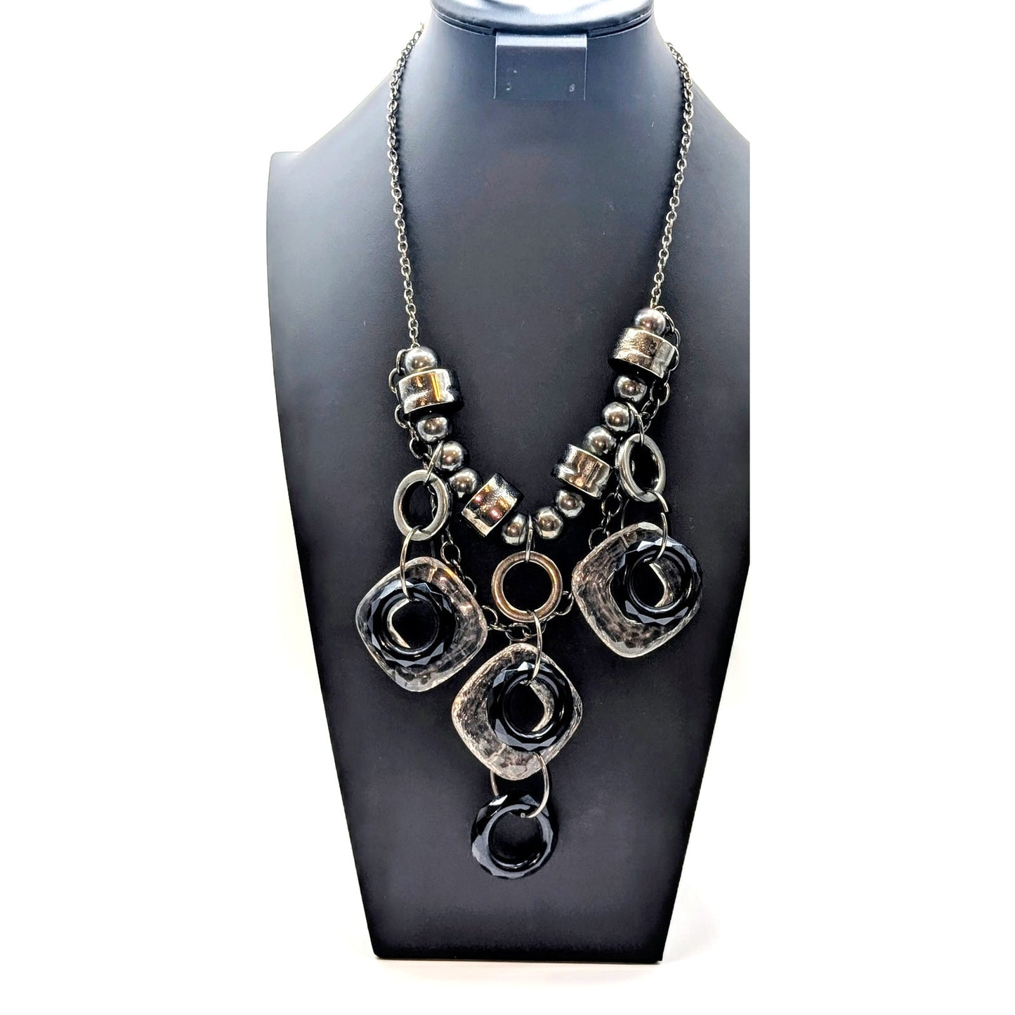 Chunky Geometrical Gun Metal Crackled Clear & Black Loopy Bead Chain Necklace