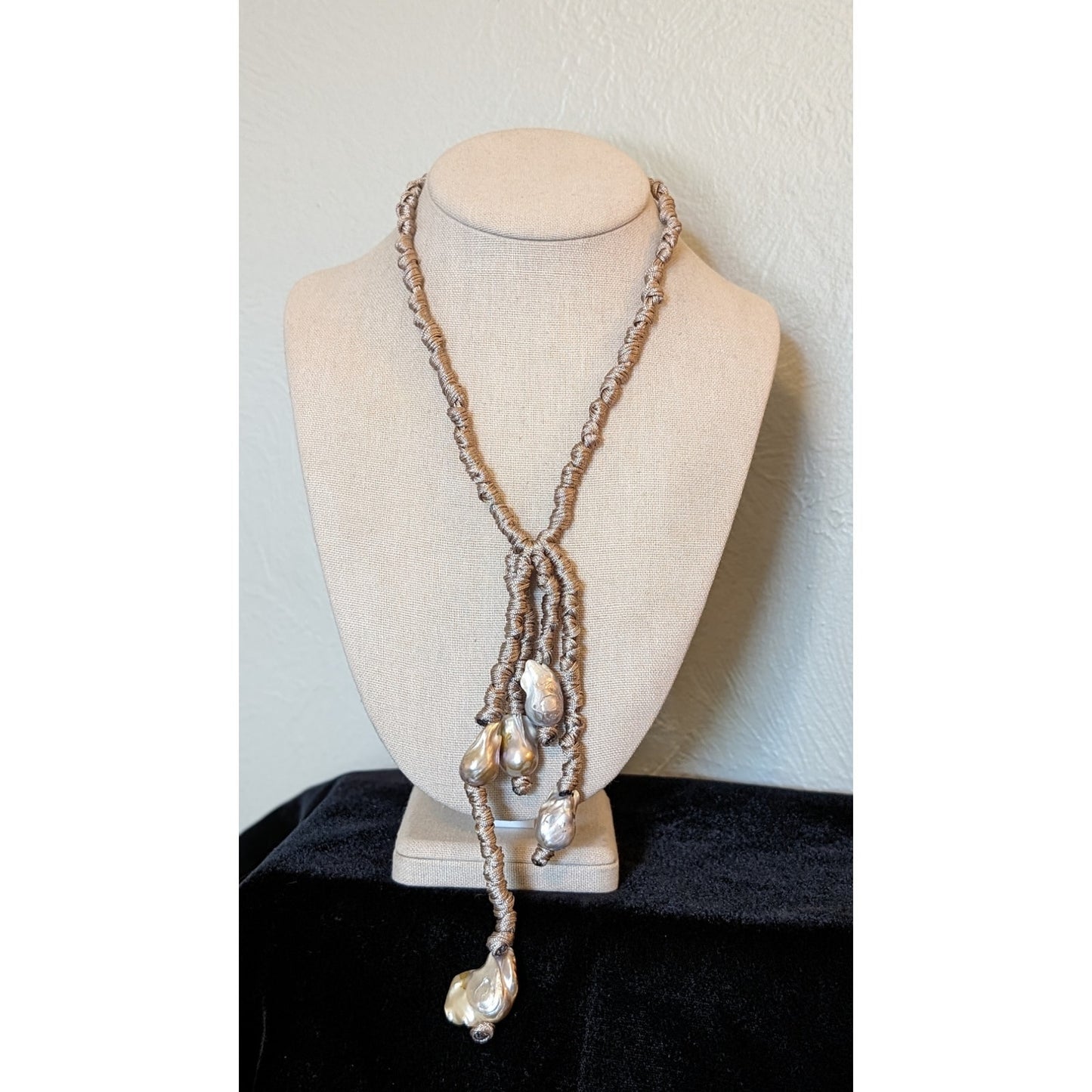 Designer Made in Italy Khaki Natural Linen & Large Baroque Pearl Tassel Necklace