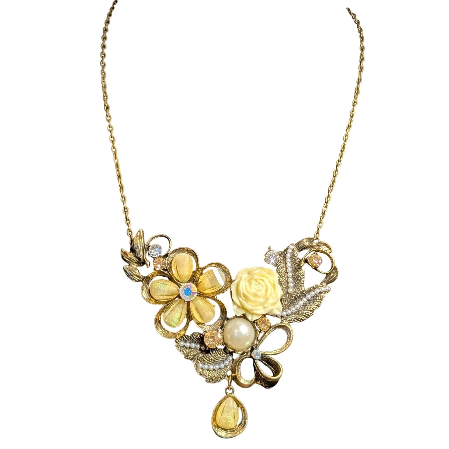 Antiqued Gold Yellow Cream Resin Rose Pearl Iridescent Floral Bib Necklace