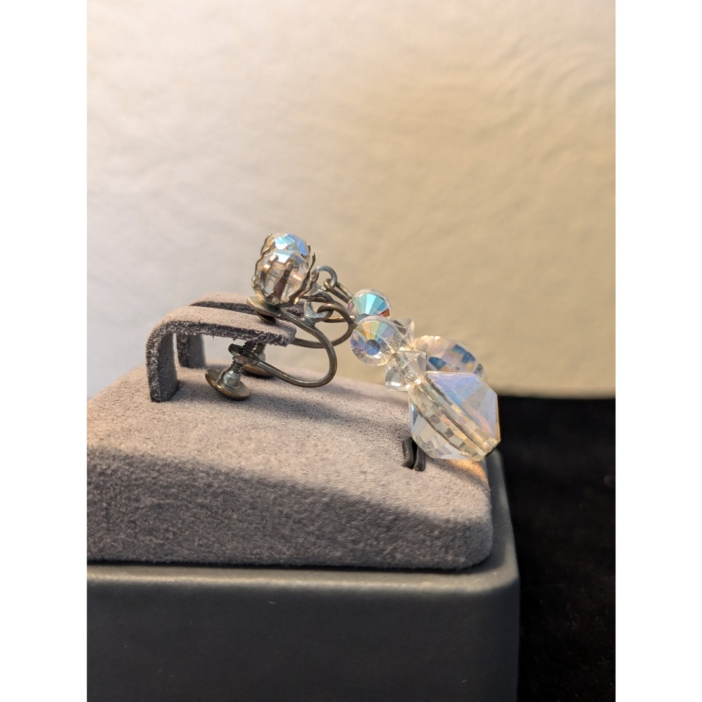 Unique Vintage Aurora Borealis AB Crystal Dangle Screw Back Earrings