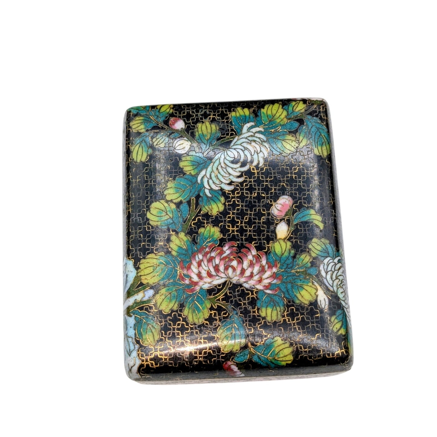 Antique Small Chinese Black Cloisonne Brass Footed circa 1900 Hinged Trinket Box