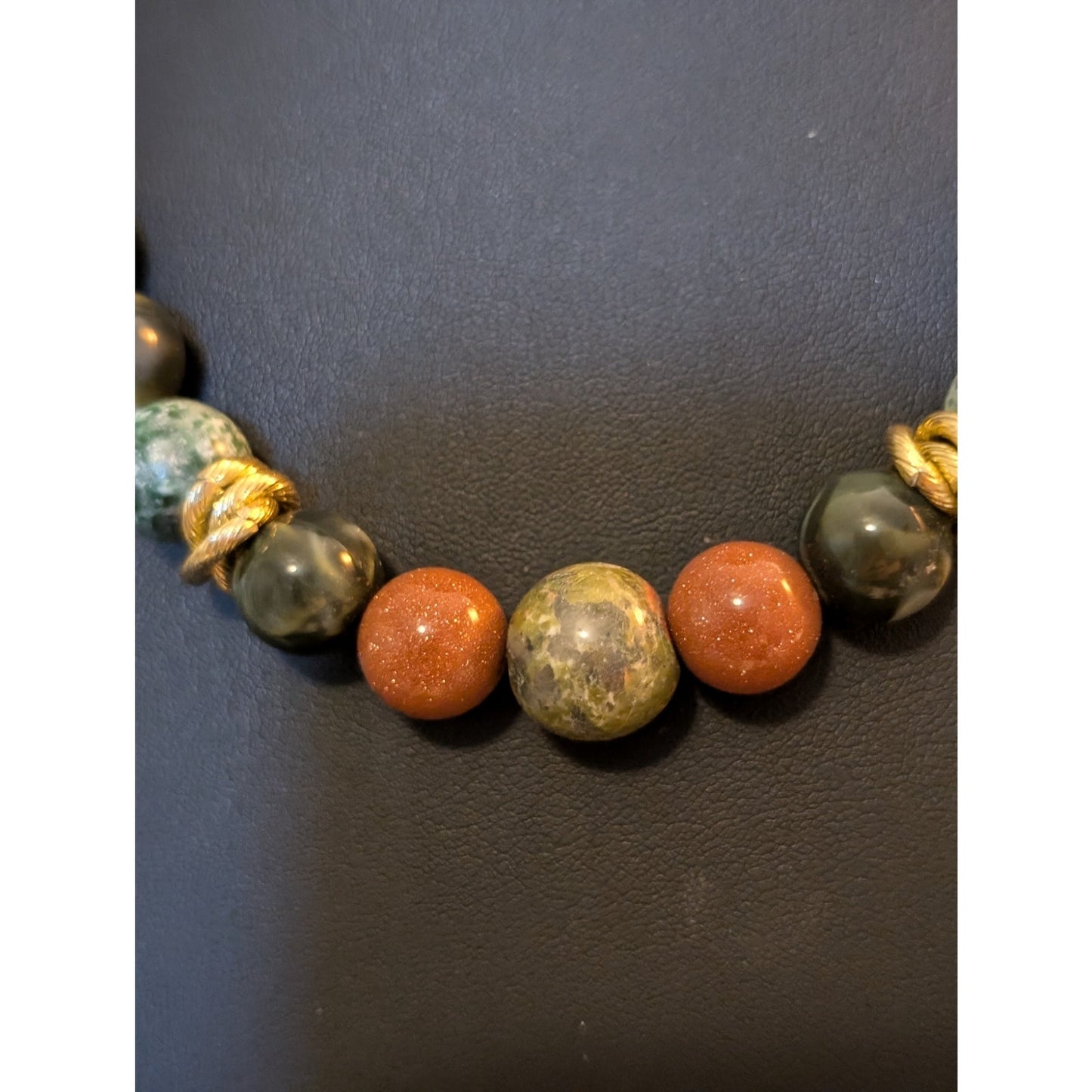 Vintage Rhodonite & Gold Stone Multi-Gemstone Graduated 18.5" - 21.5" Necklace