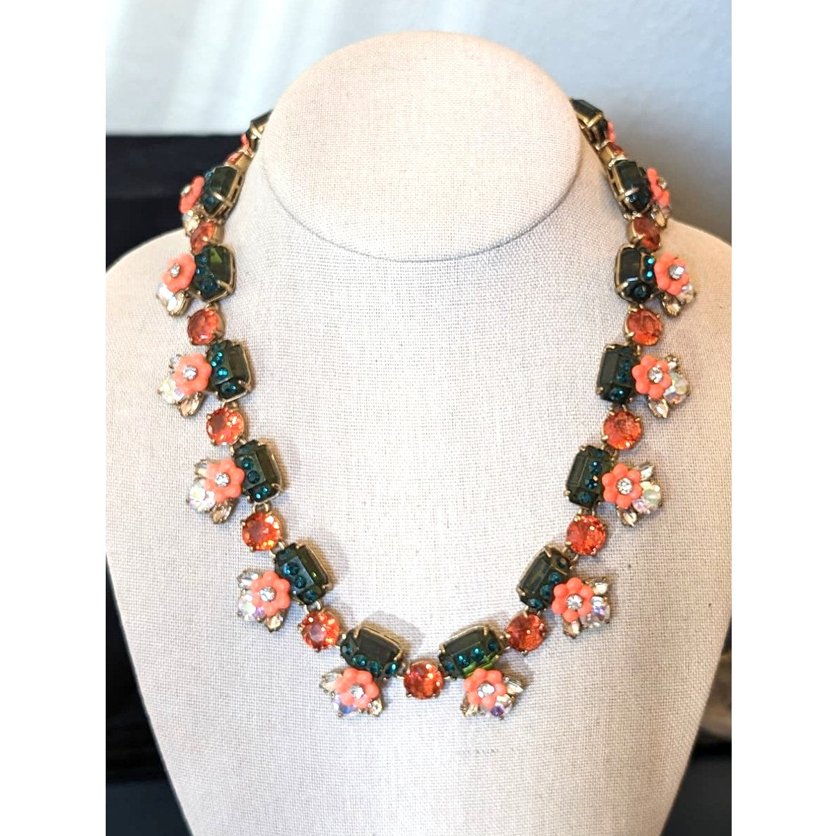 J. Crew Floral Orange Green Jewel Statement Necklace