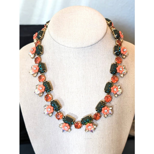 J. Crew Floral Orange Green Jewel Statement Necklace