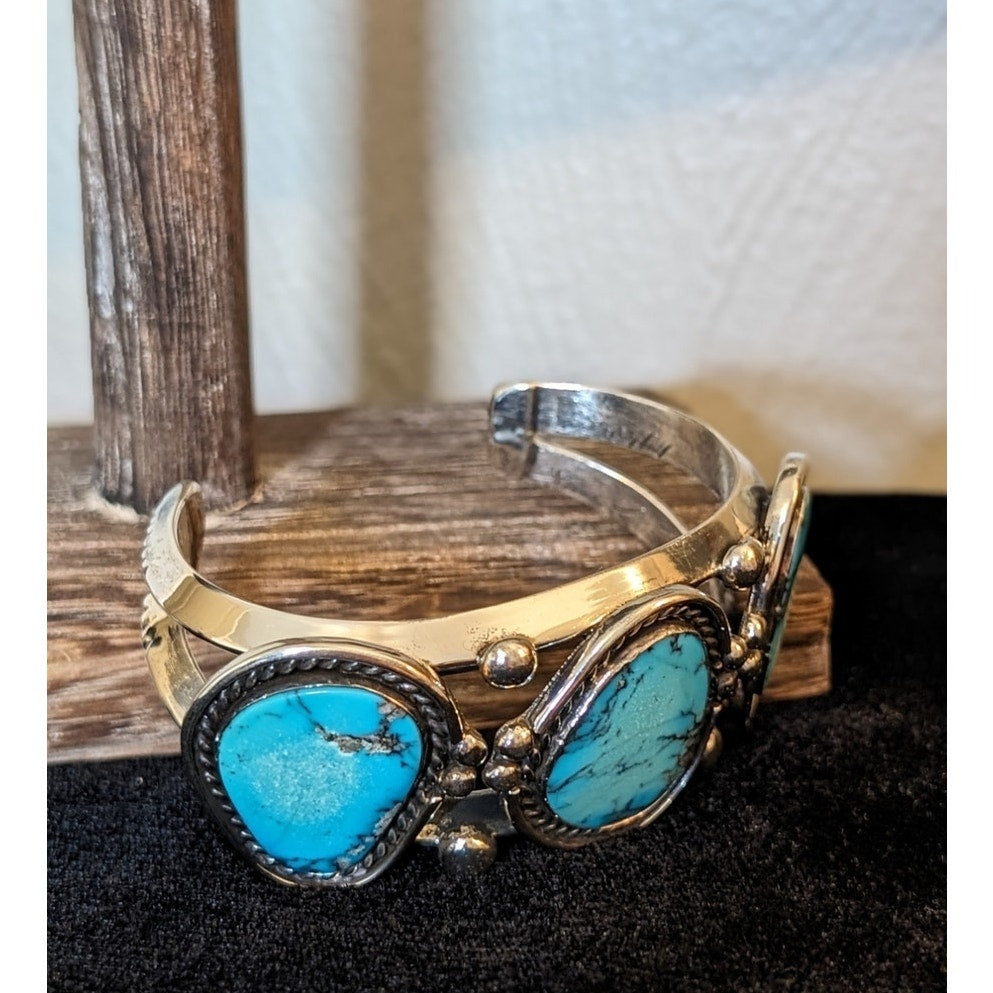 Three Turquoise Stone & Sterling Silver Chunky Cuff Bracelet