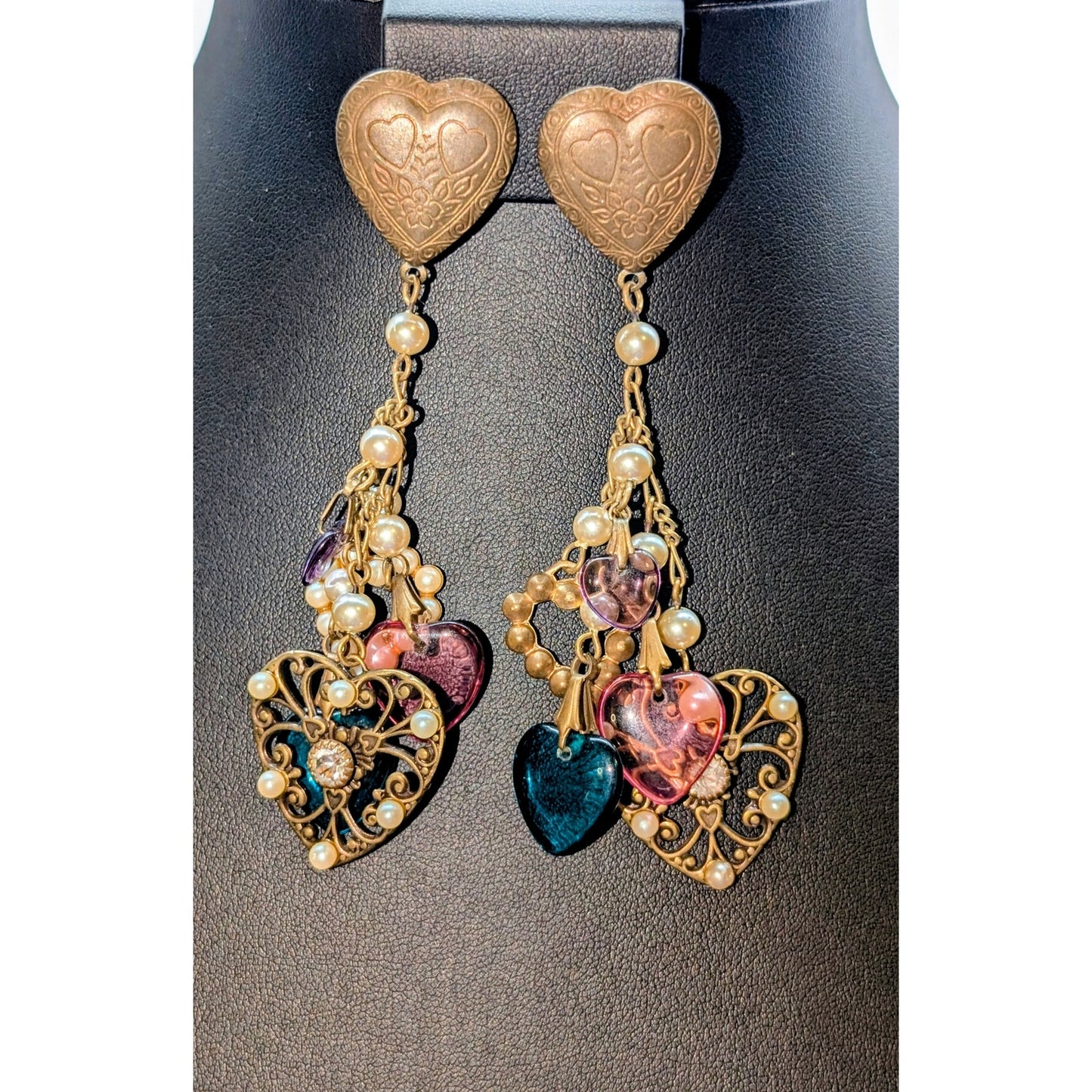Vintage Heart Charm Faux Pearl Chandelier Dangle Earrings