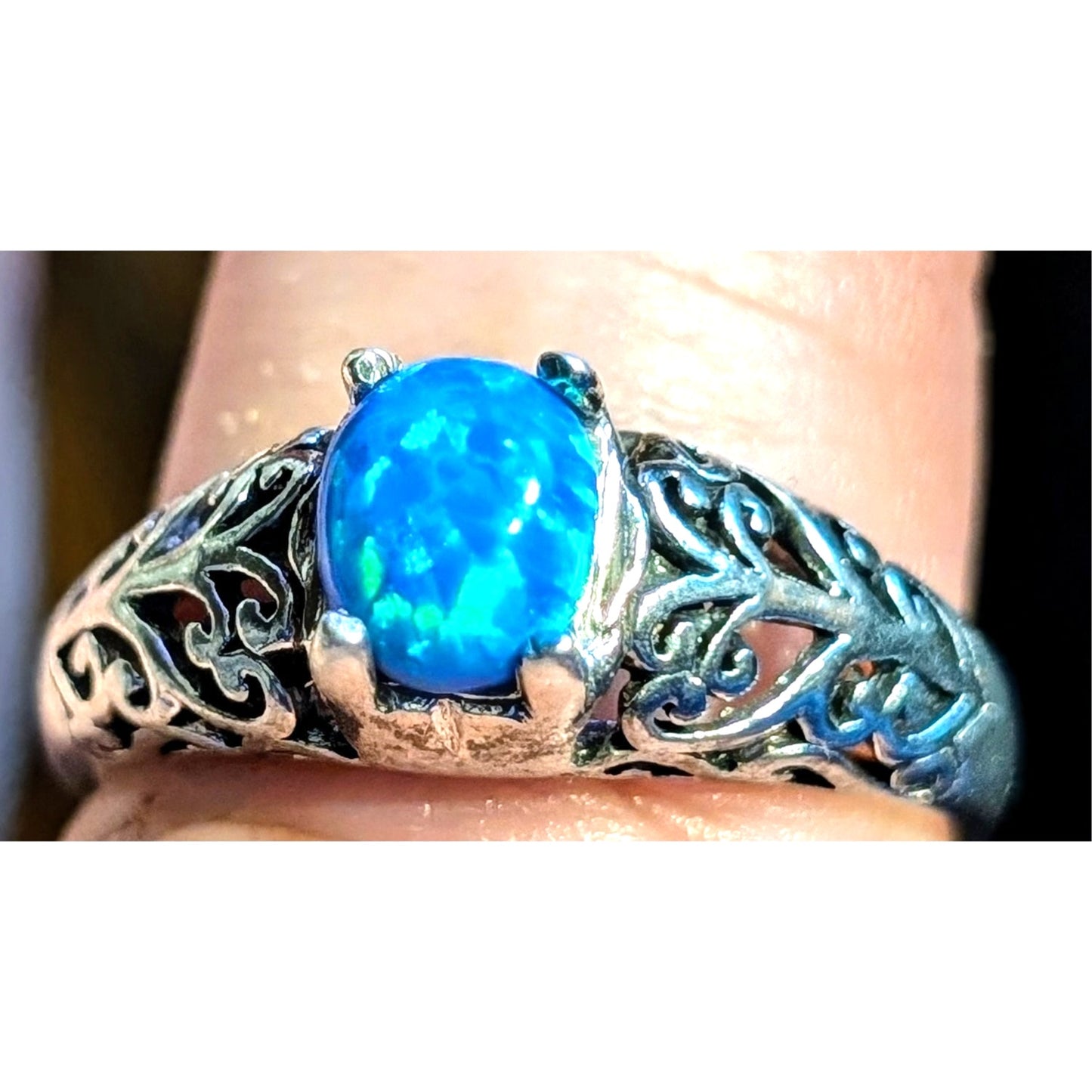 Brilliant Blue Opal Filigree 925 Sterling Silver MF Ring Size 8.5