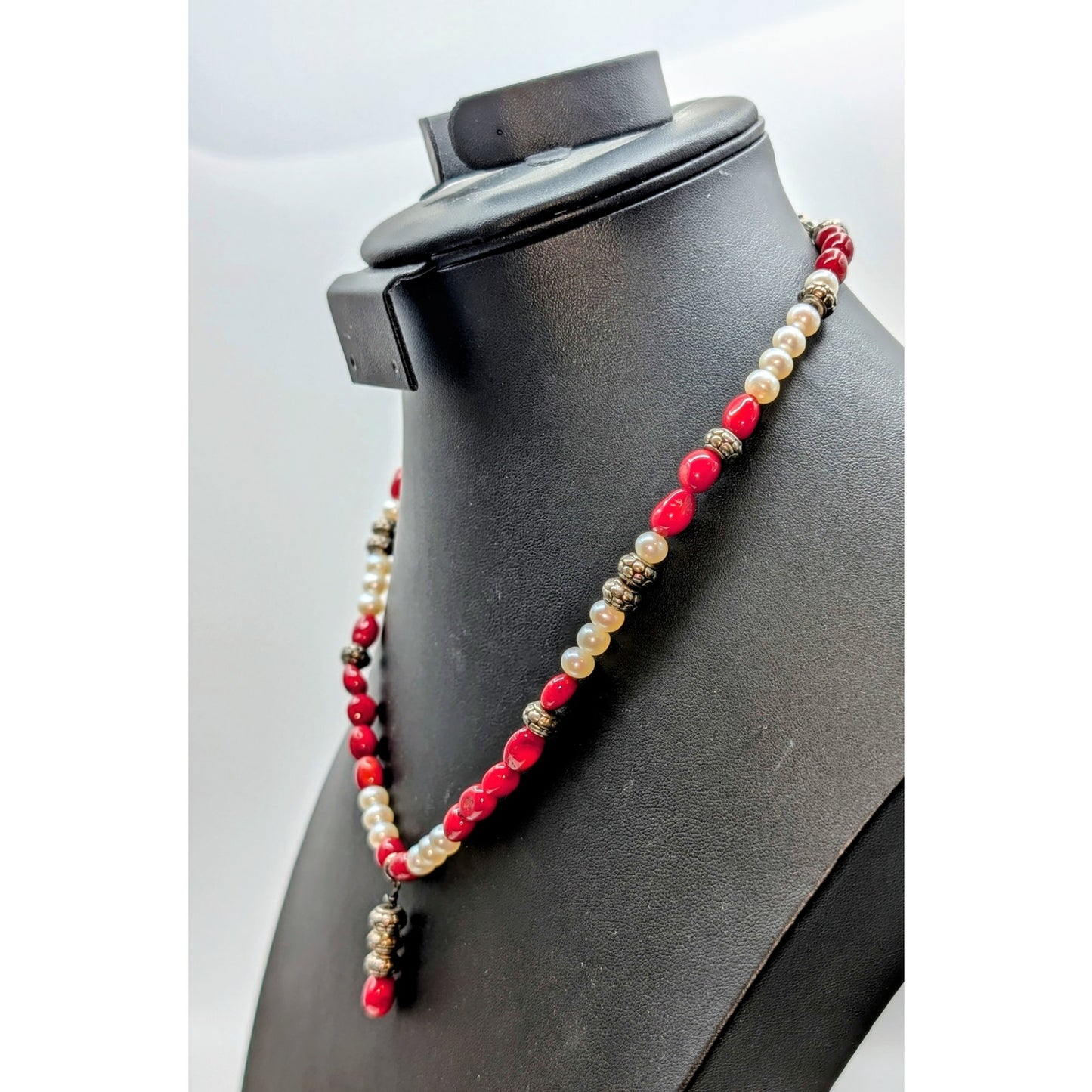 Red Coral Freshwater Pearl Silver Tone Beaded Necklace