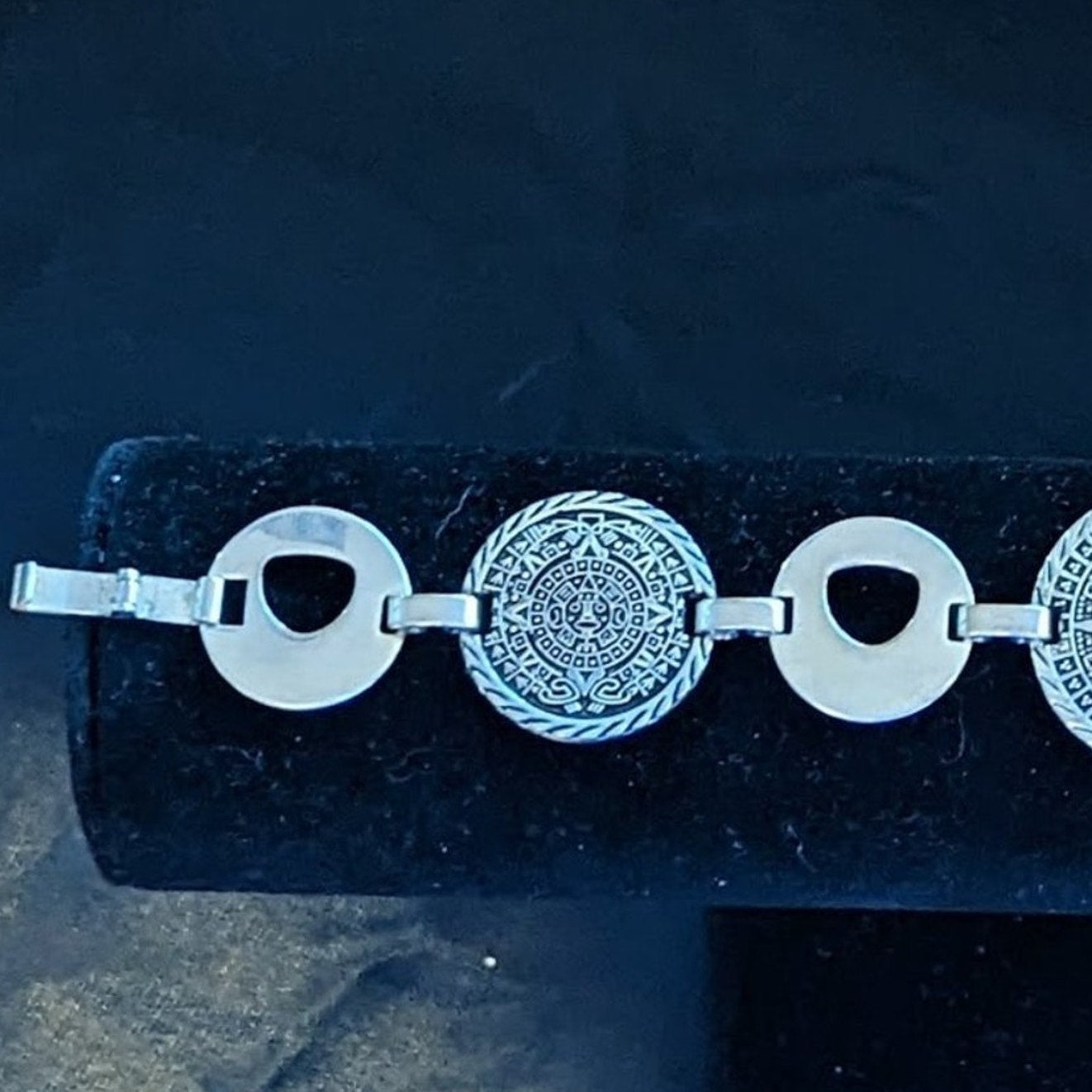 Vintage Silver Tone Mayan Aztec Calendar Coin Fold Over Clasp Bracelet