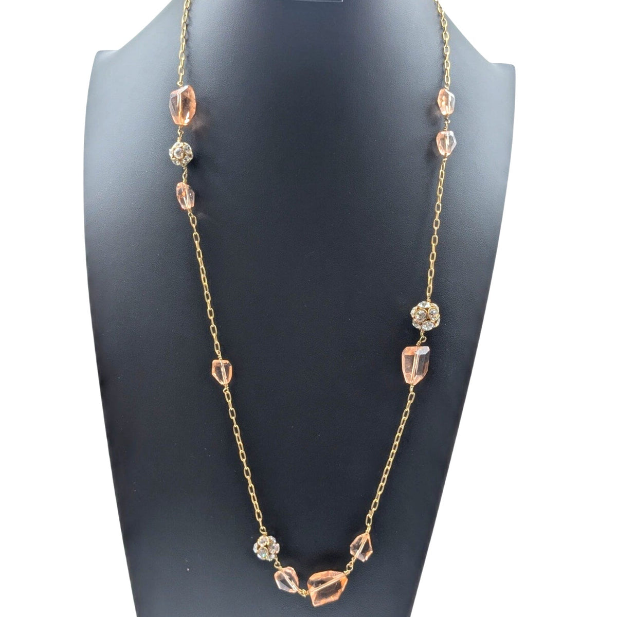 Signed J. Crew Peach Crystal Rhinestone Ball Gold Tone Chain 32" Necklace