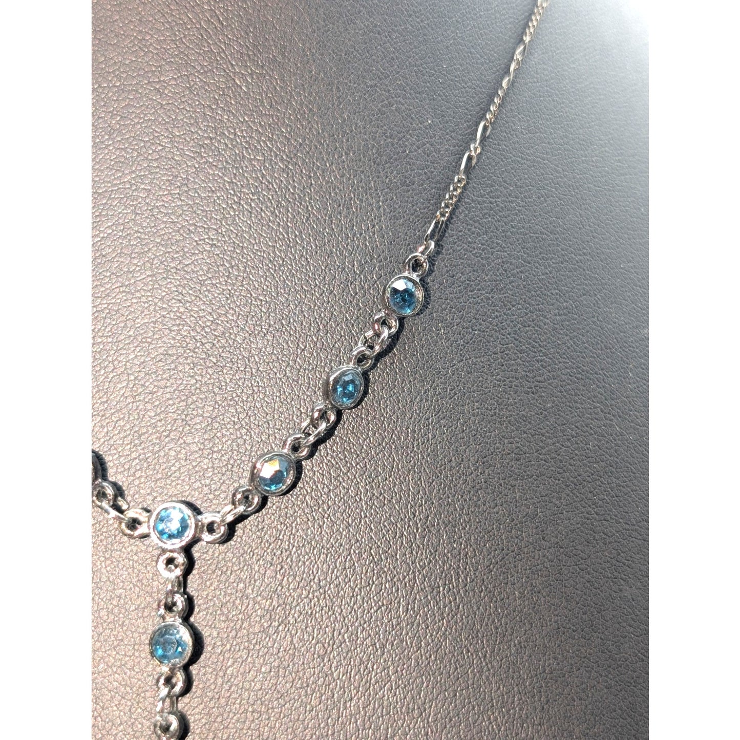 Gun Metal 'Y' Drop Blue Austrian Crystal U.S.A. Heart Chain 16" Necklace