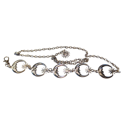 Moon Sun Boho Retro Punk Silver Tone Metal 43" or Less Waist Chain Belt