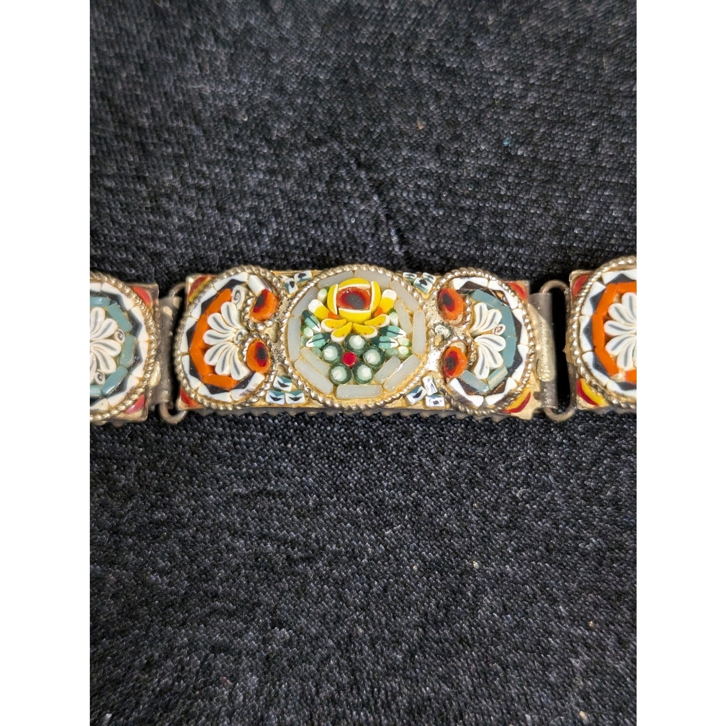 7.5" Antique Italian Micro Mosaic Multi Color Floral Link Hook Clasp Bracelet