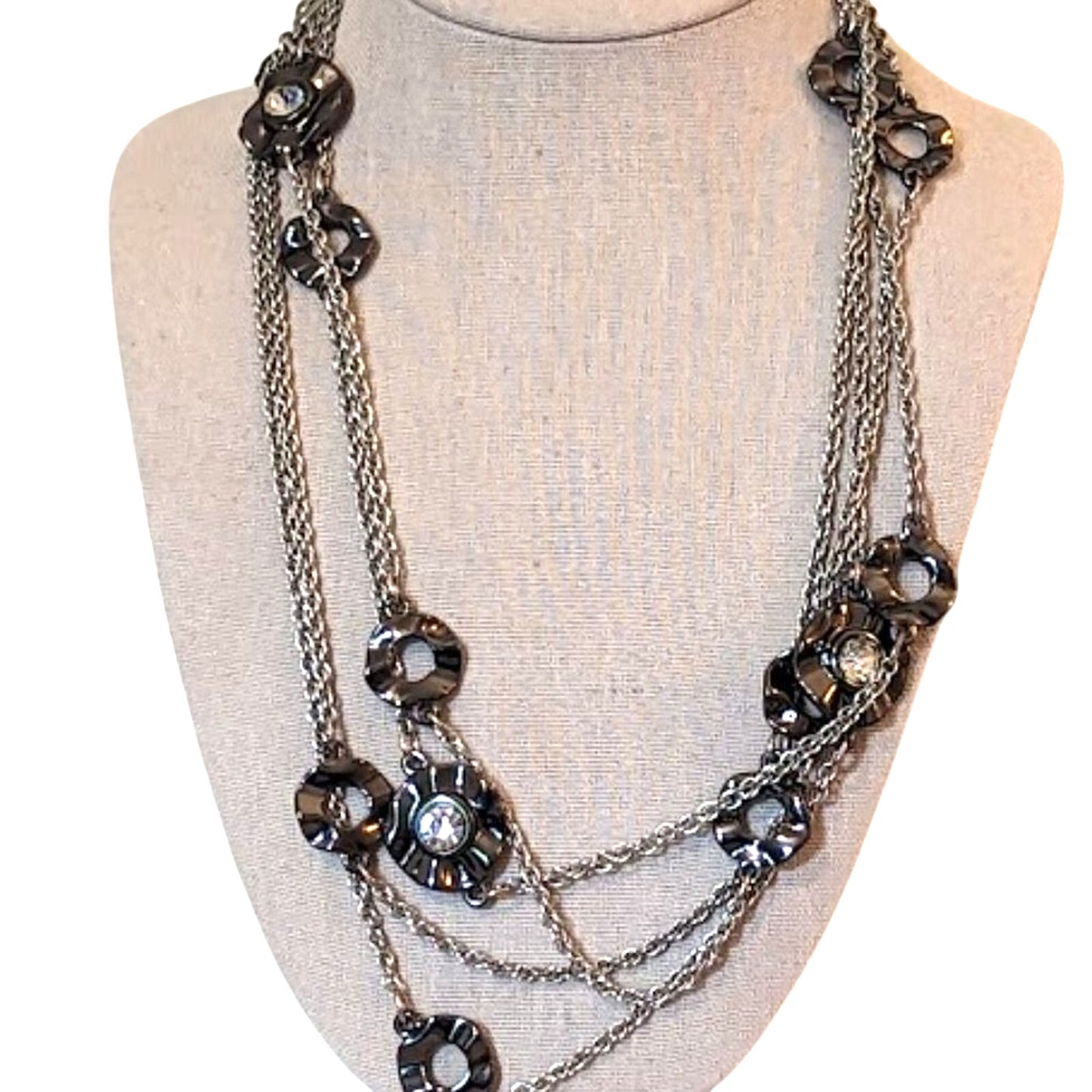 Chico's 50" Silver Tone Chain Necklace With Gun Metal Rhinestone Stations