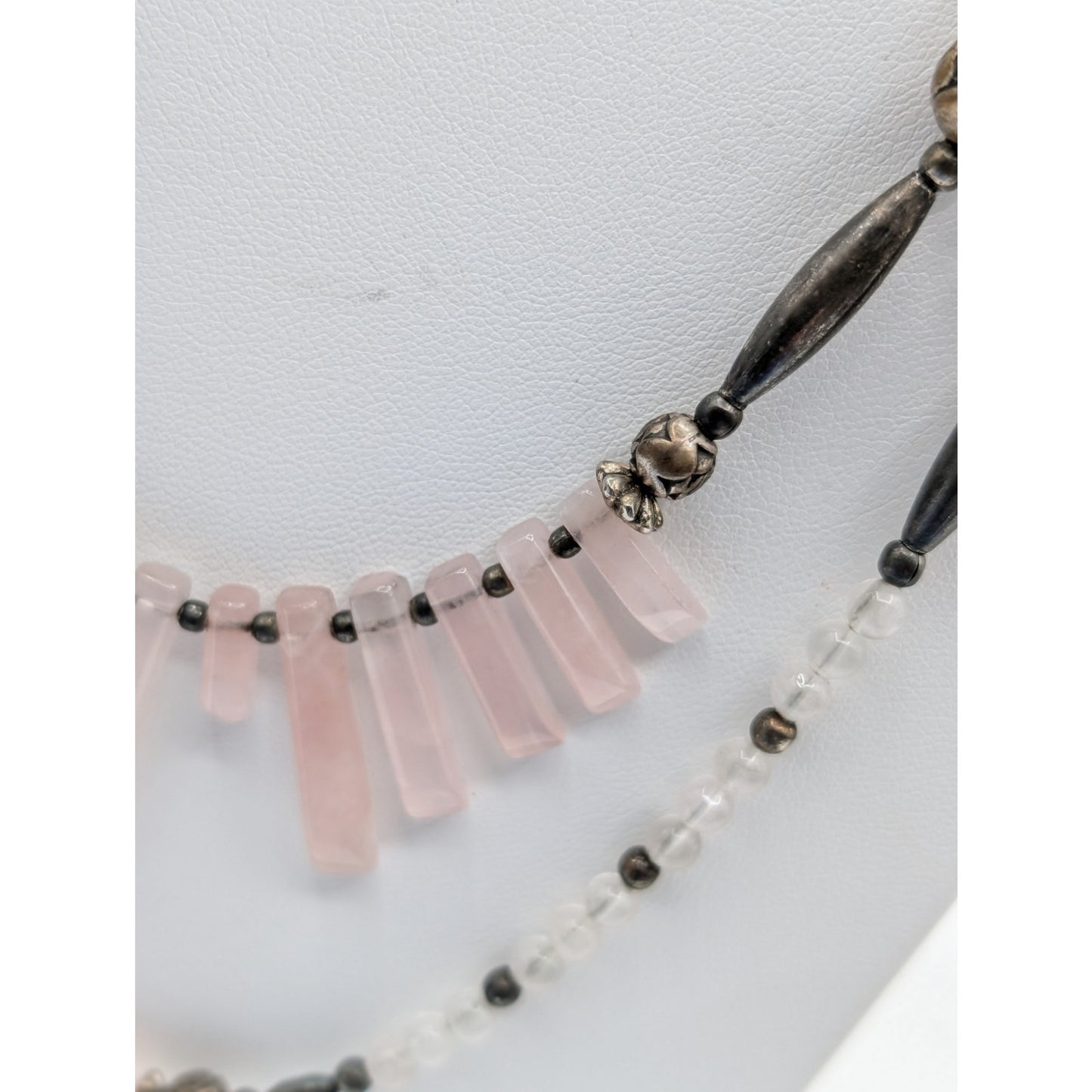 Vintage Liquid Silver Handmade Pink Quartz Crystal Double Strand 25.5" Necklace