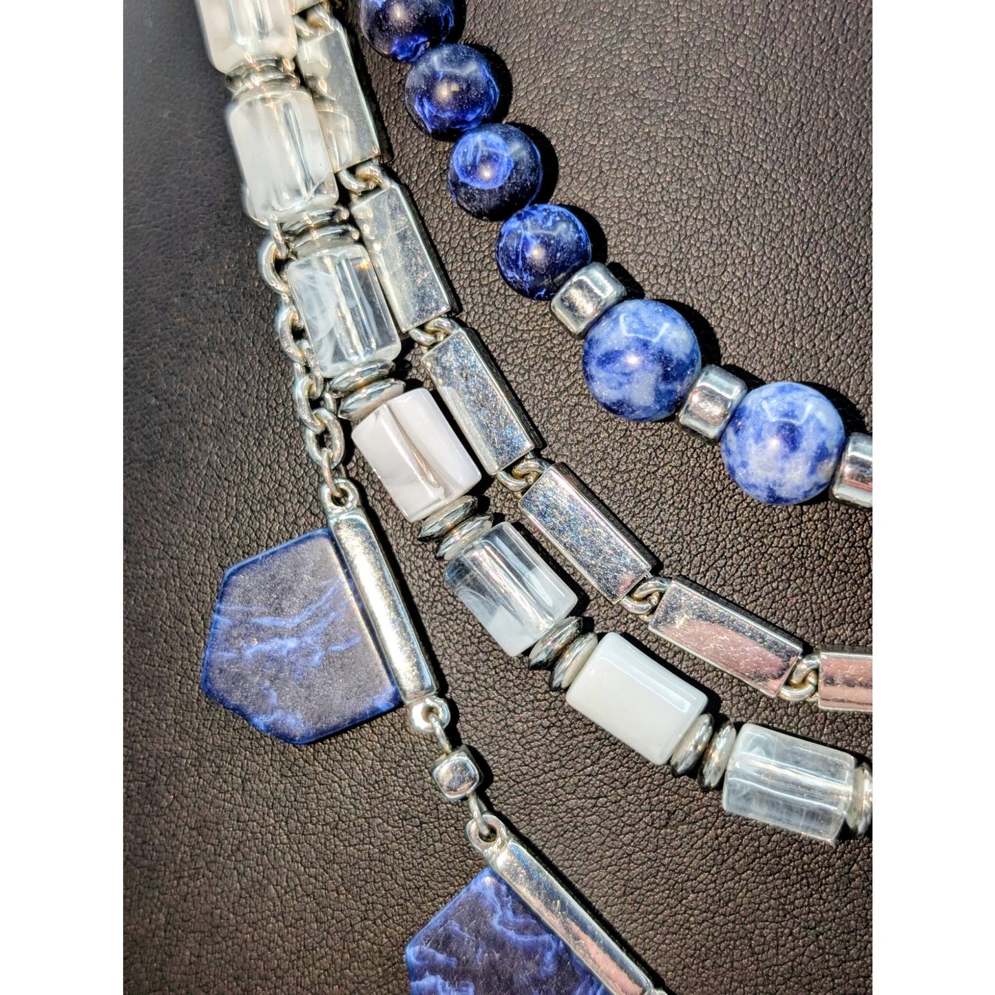 White House Black Market Four Strand Blue Silver Tone Beaded Stone Necklace