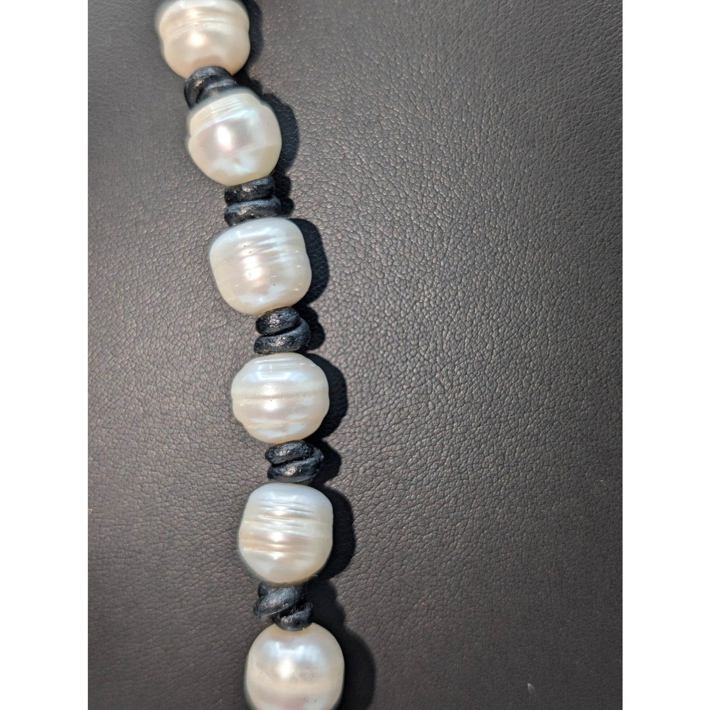 Boho Freshwater Pearl Leather Knotted Black Leather Tassel 36" Necklace