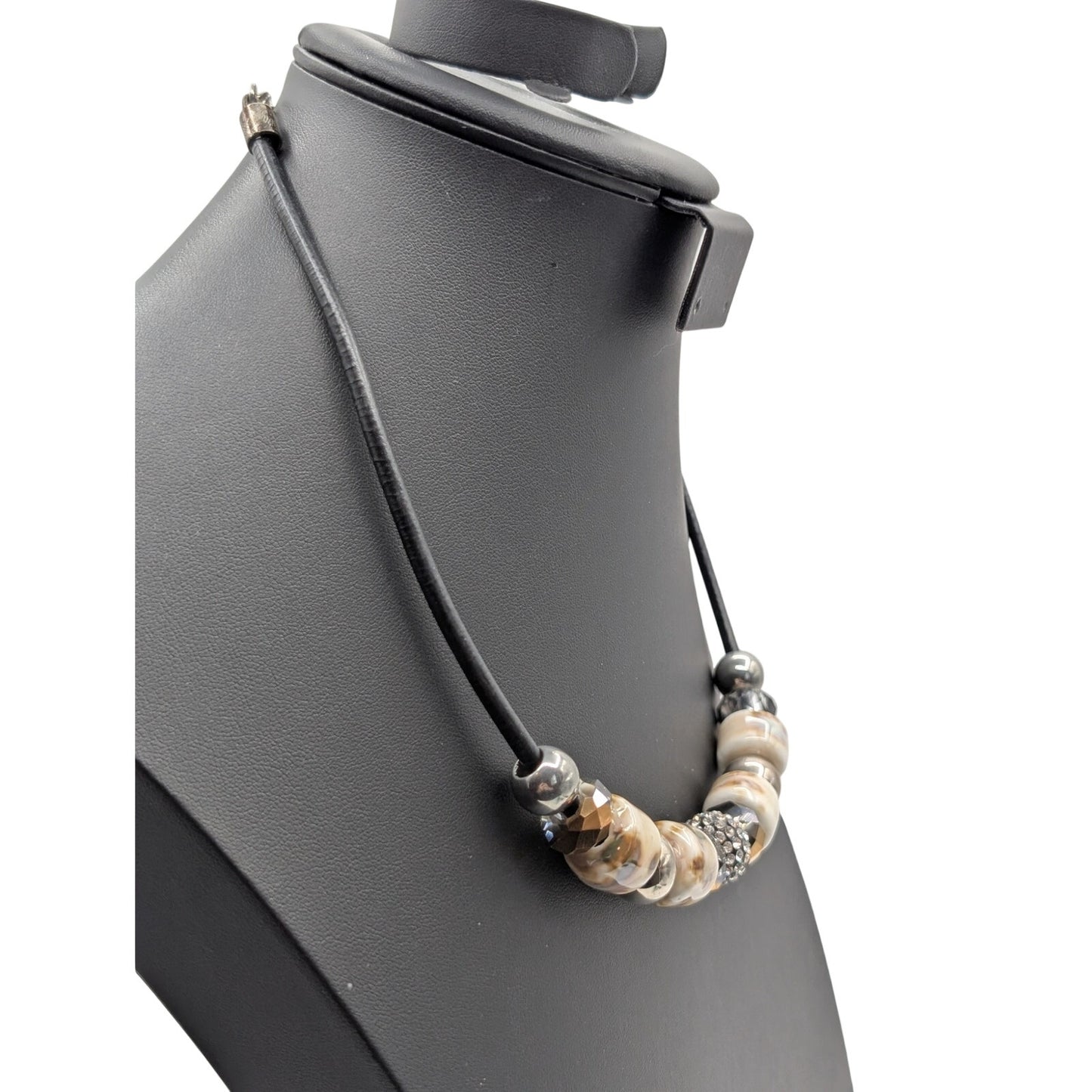 Modern Tribal Leather Cord Glass Metal Crystal Rhinestone Ball Bead Necklace