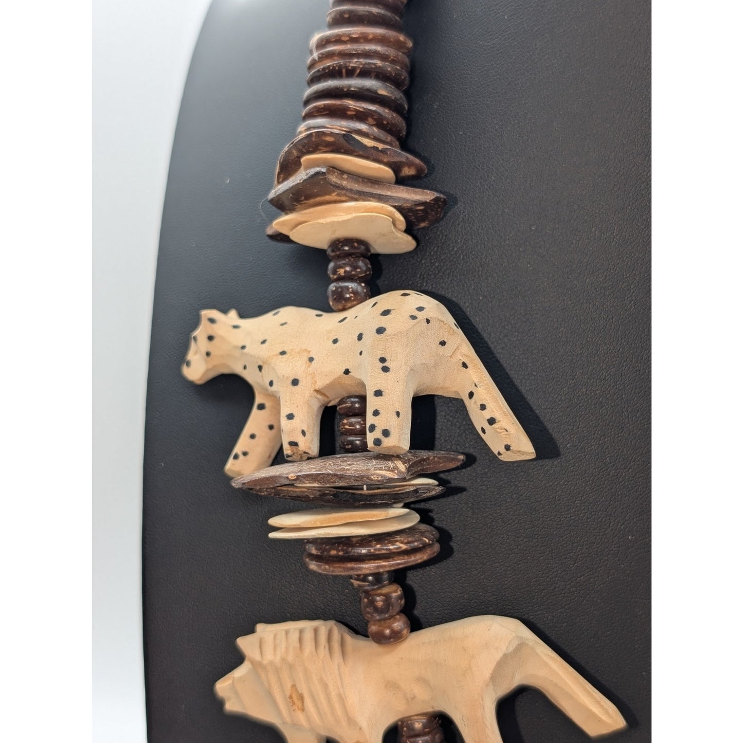 Tribal Lion Tiger Giraffe Carved Animal Coconut Shell Bead Barrel Clasp Necklace