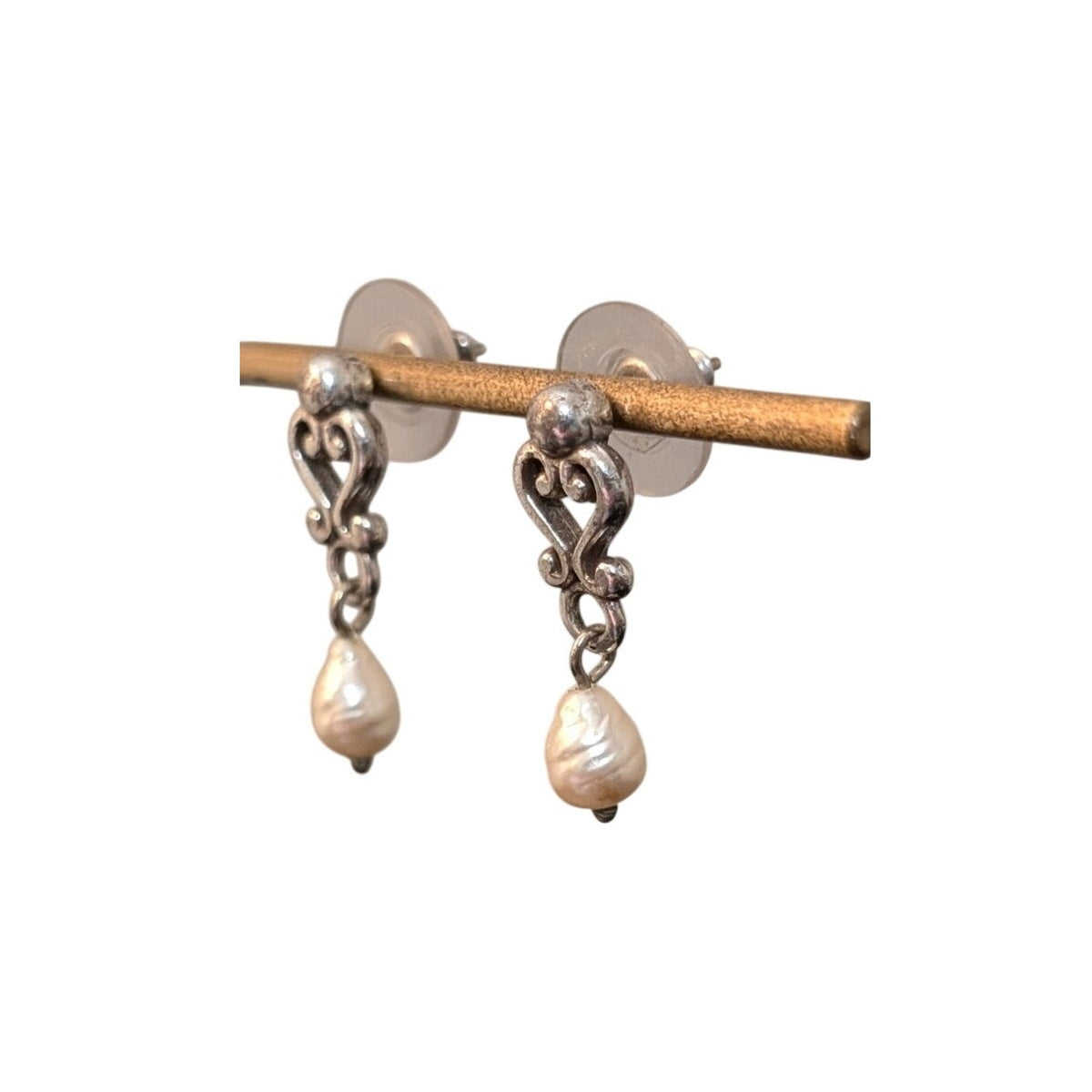Vintage Sterling Silver Scroll Baroque Teardrop Freshwater Pearl Dangle Earrings