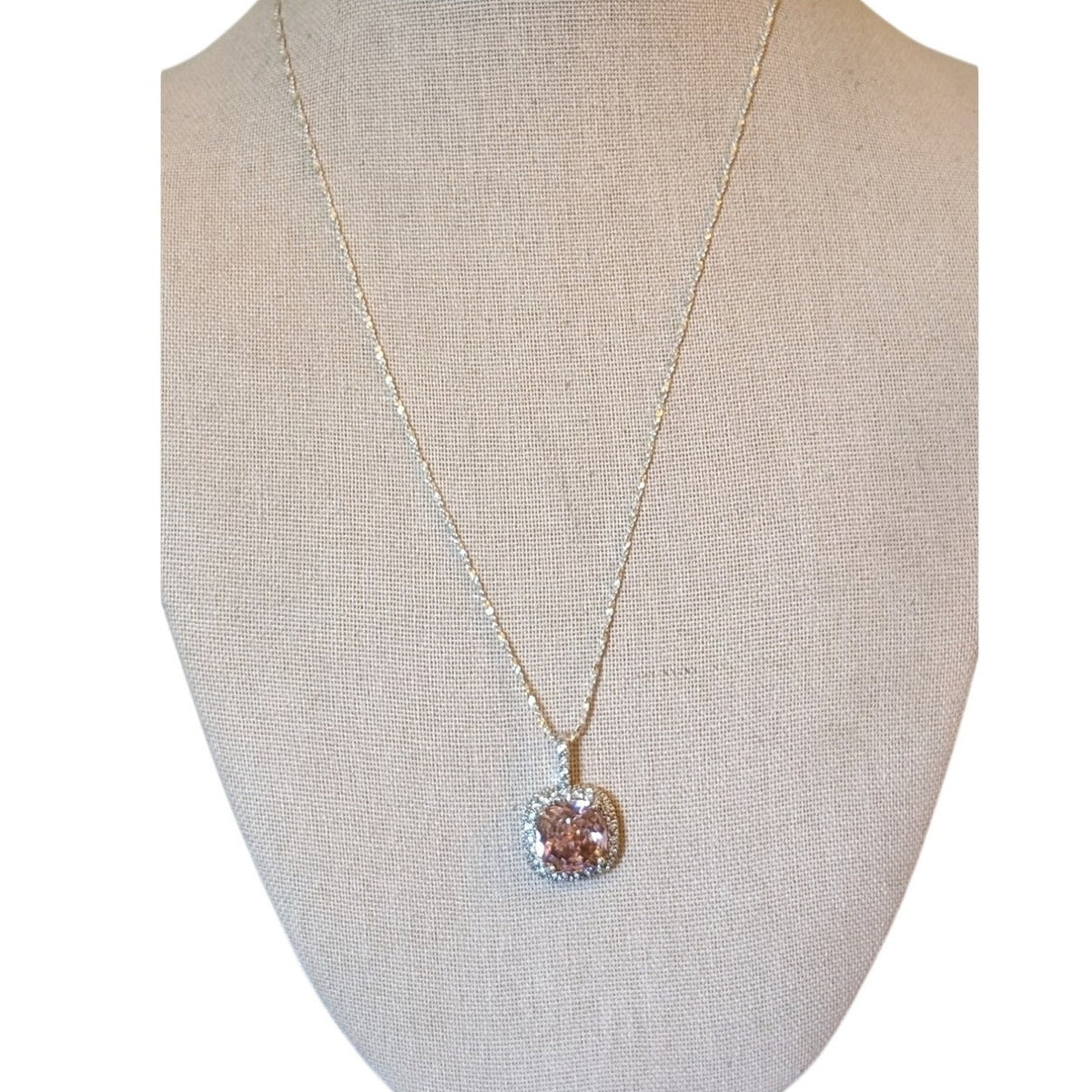 925 Silver Checkerboard Faceted Pink Cushion Set Glass Stone W/ CZ Necklace
