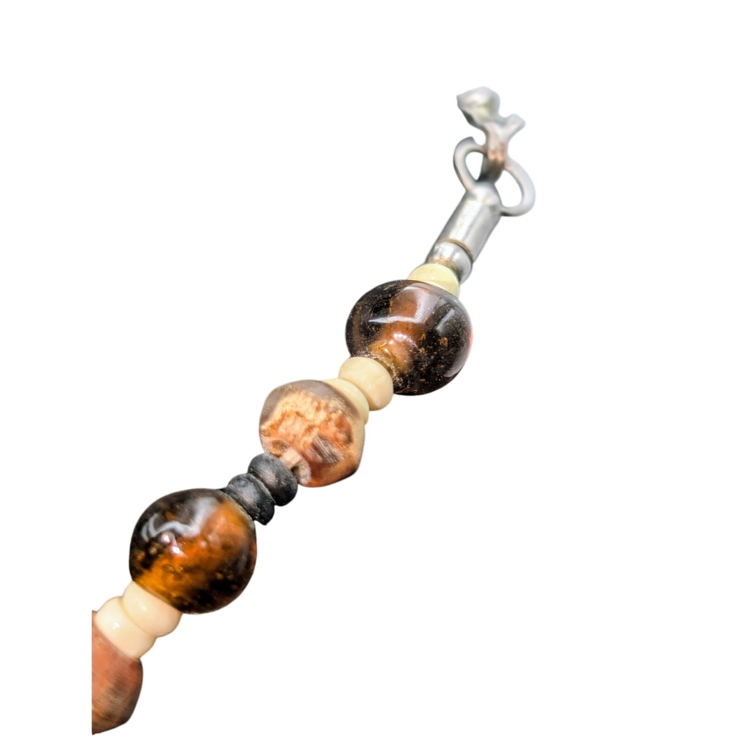 Vintage Amber Cream & Brown Bone Glass Wood Bead Tribal Hook Clasp Necklace