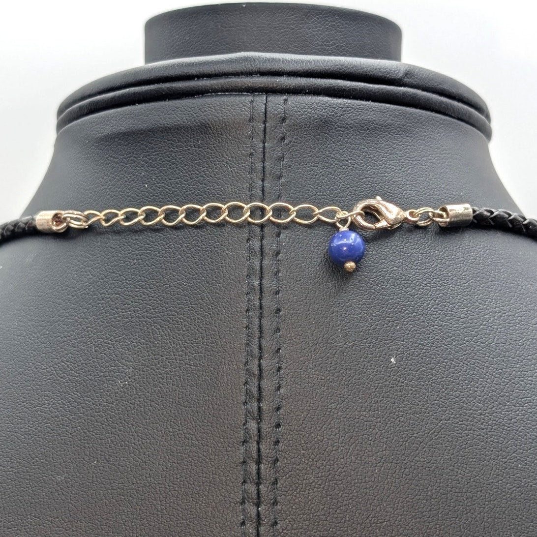 Large Blue Stone Heart Black Braided Cord Silver Tone 18"-20" Necklace