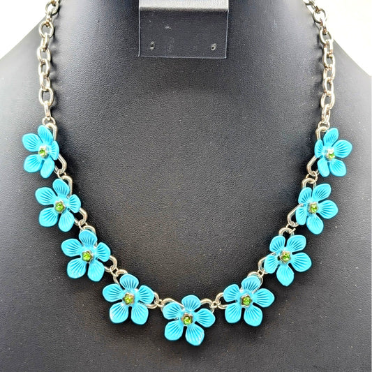 Nine Blue Metal Green Crystal Flowers on Silver Tone Chain 18"-21" Necklace