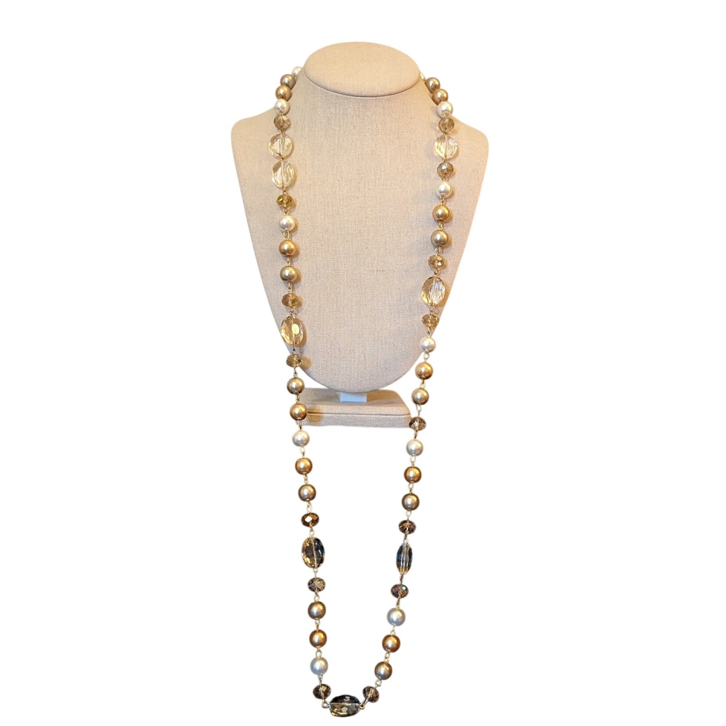 Gold Champagne Cream Pearl Crystal Bead Long 43" Necklace