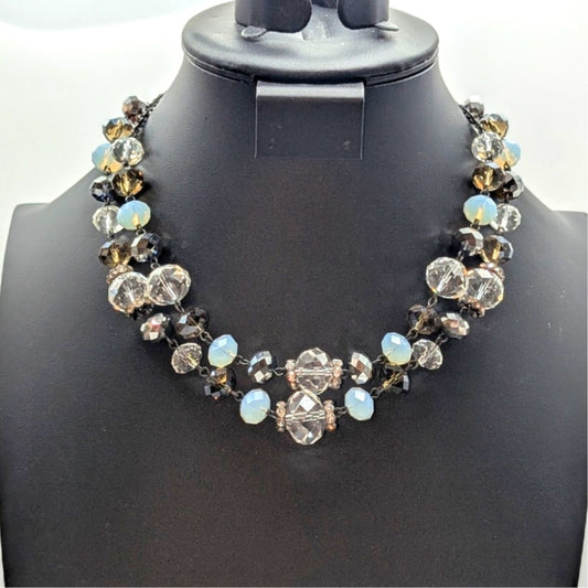 Crown Trifari Double Strand Crystal Beaded Gun Metal 16"-18" Necklace