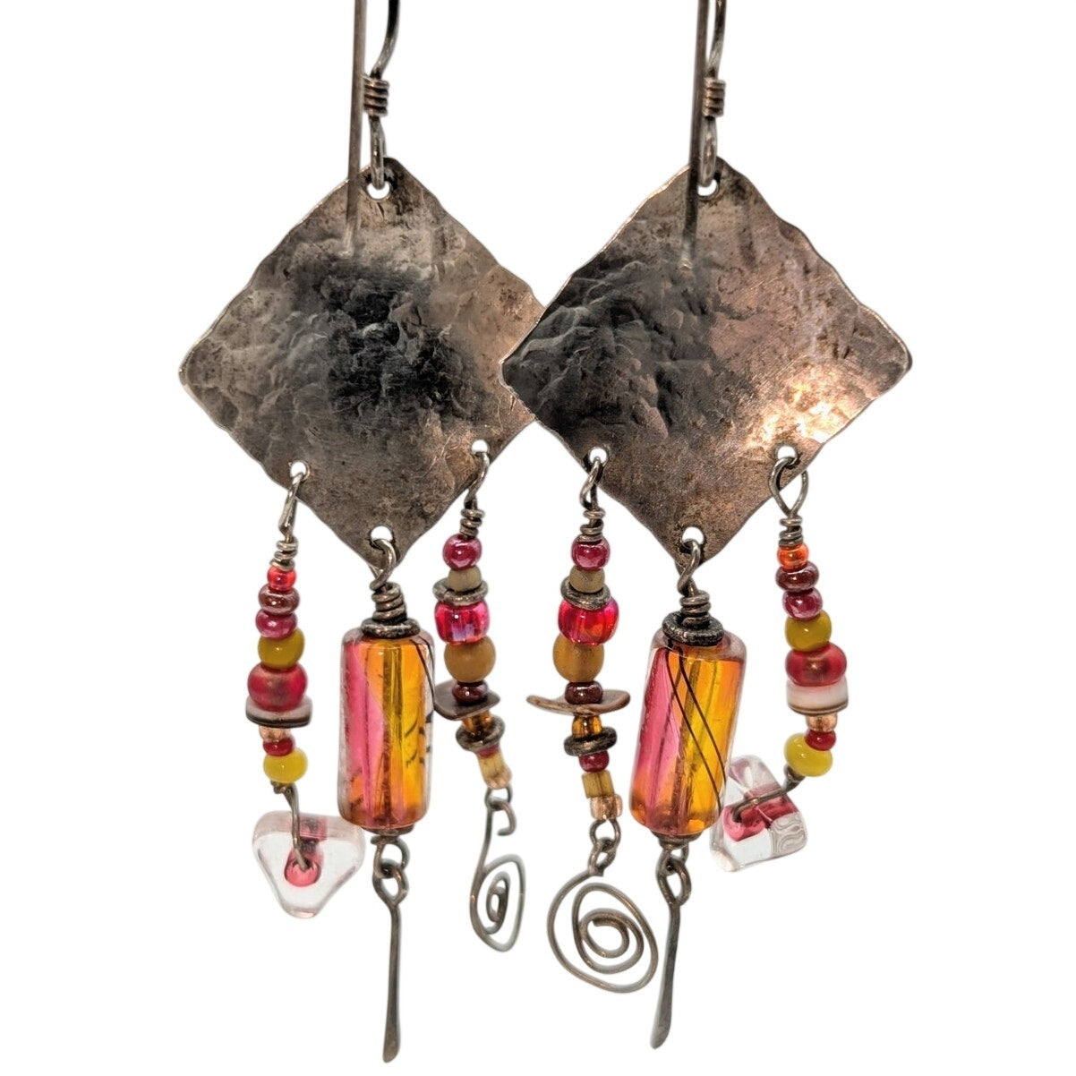 925 Sterling Silver Embossed Artisan Created Glass Bead Dangle Earrings