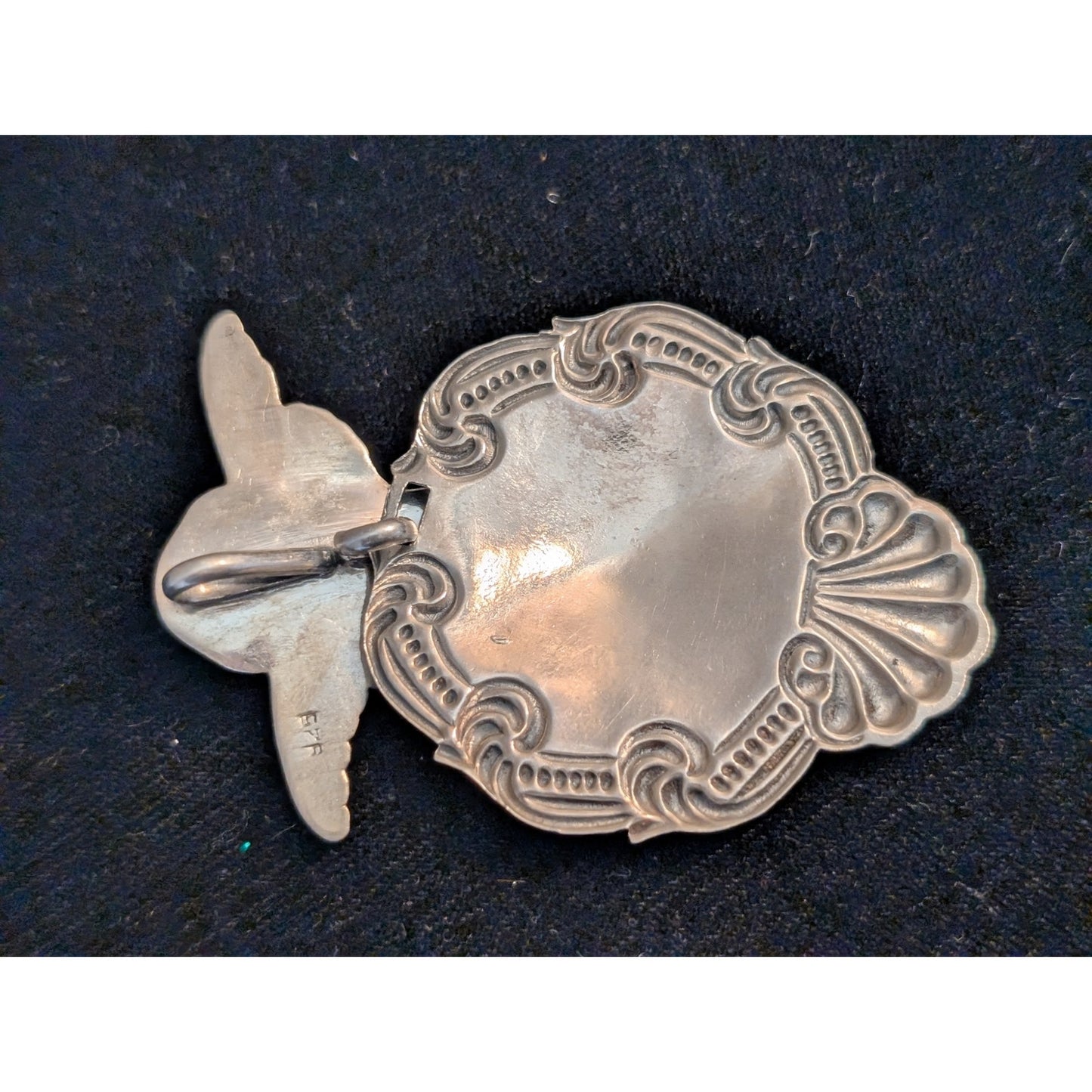 Vintage Sterling Silver Victorian Repousse Angel Articulated Luggage Tag Pendant
