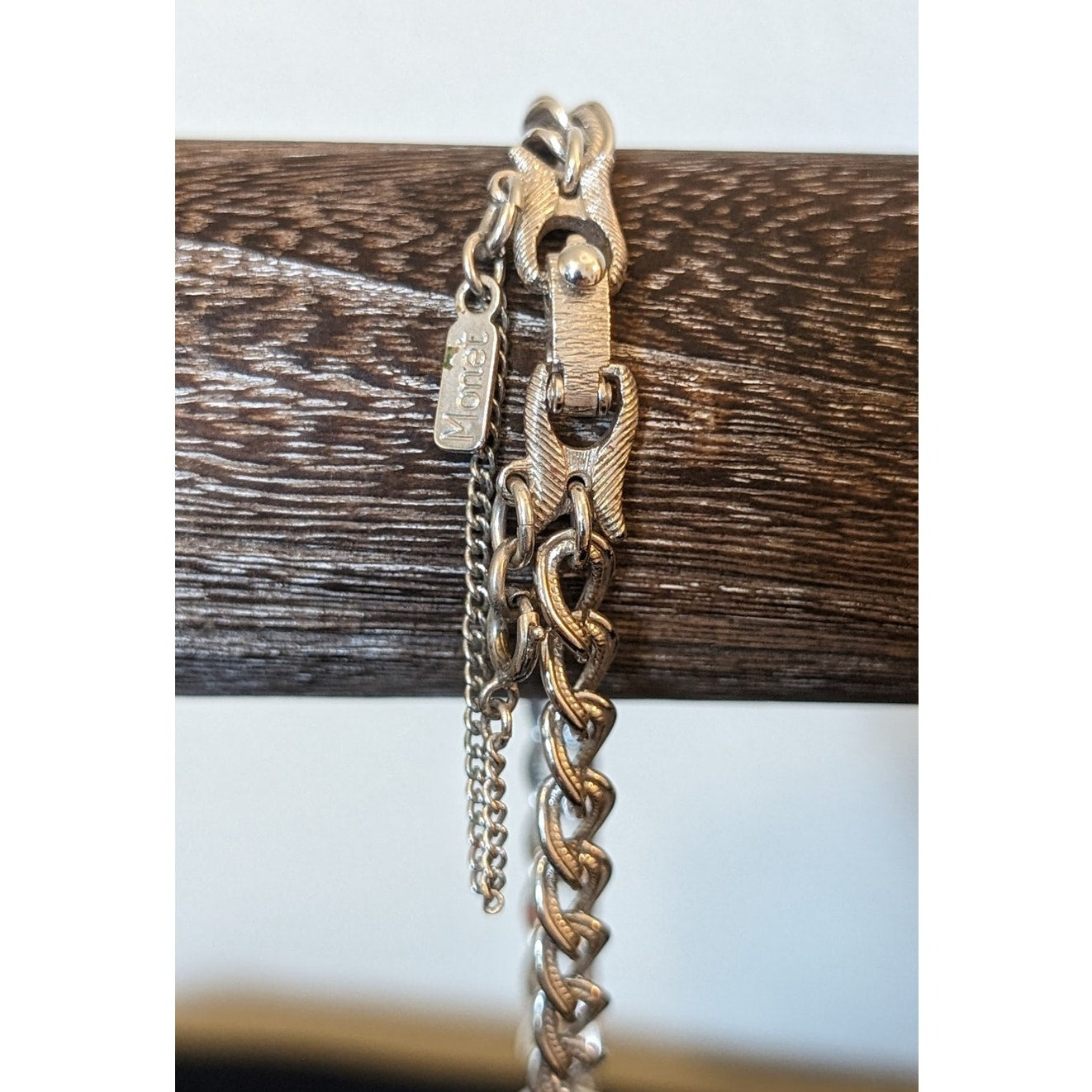 Vintage Monet Silver Plated Textured Link Safety Clasp Charm Bracelet