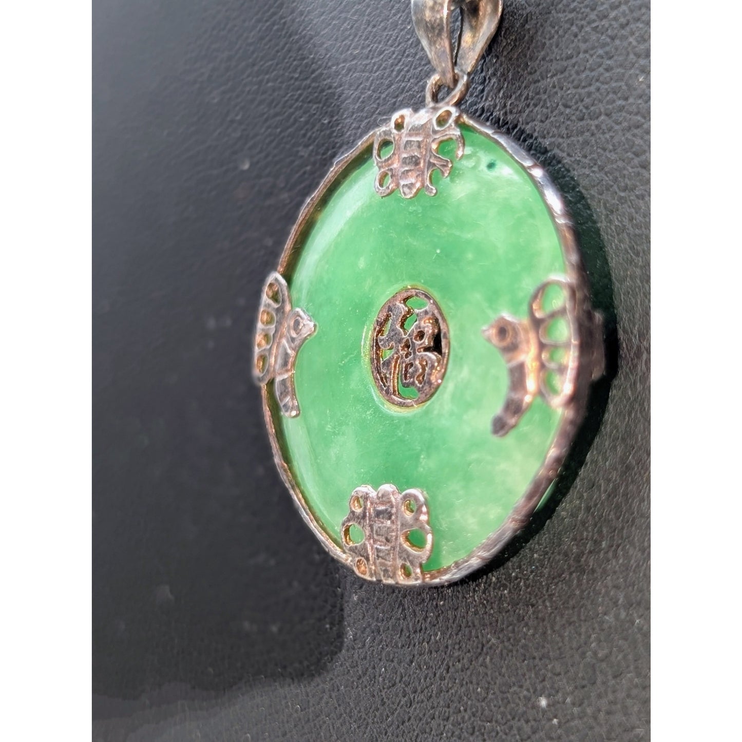 VTG Chinese 925 Silver & Authentic Jade Vintage 1" Pendant 19.75" Chain Necklace