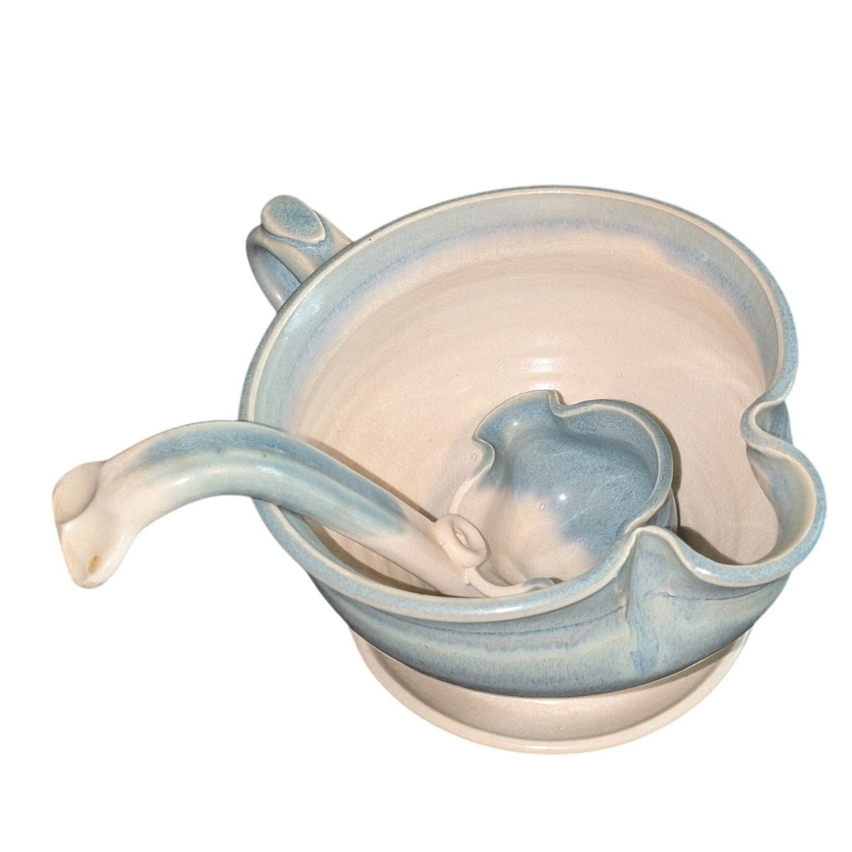 Hand Made Blue White Gravy Boat W/ Matching Ladle Studio Pottery