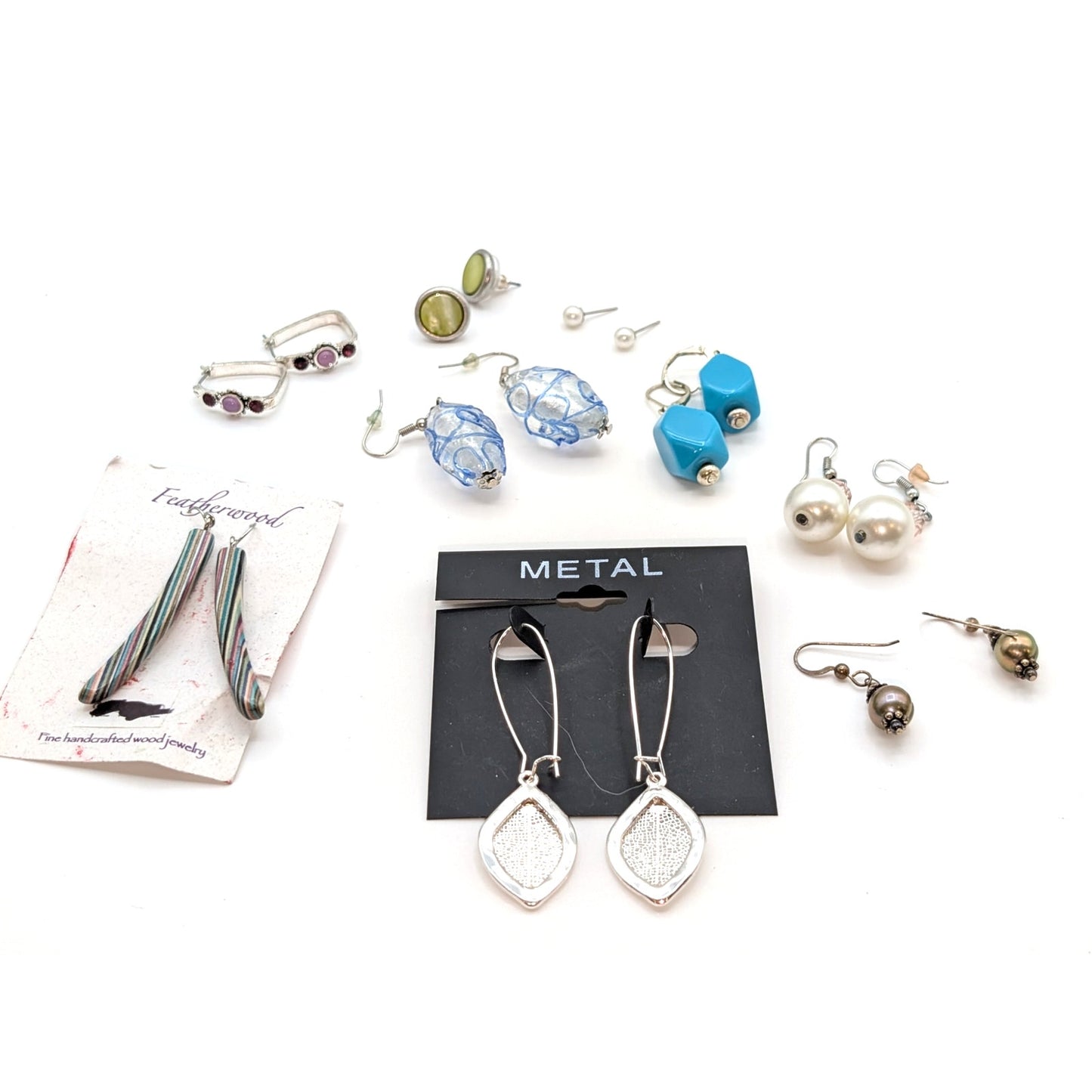 Lot of Nine Pair of Silver Tone Dangle, Post, Hoop Earrings