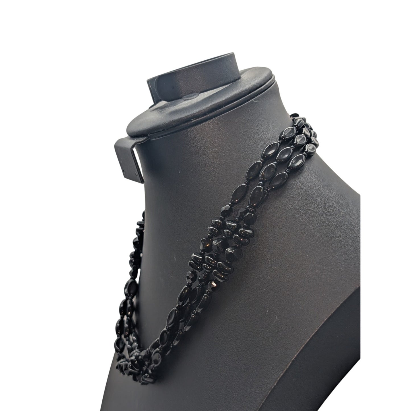 Vintage Three Strand Black Glass Beaded Slide In Fancy Clasp Necklace