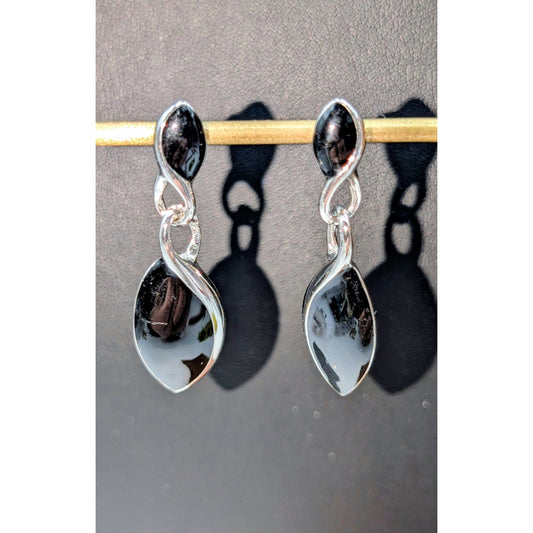 Napier Silver Tone Black Enamel Dangle Earrings