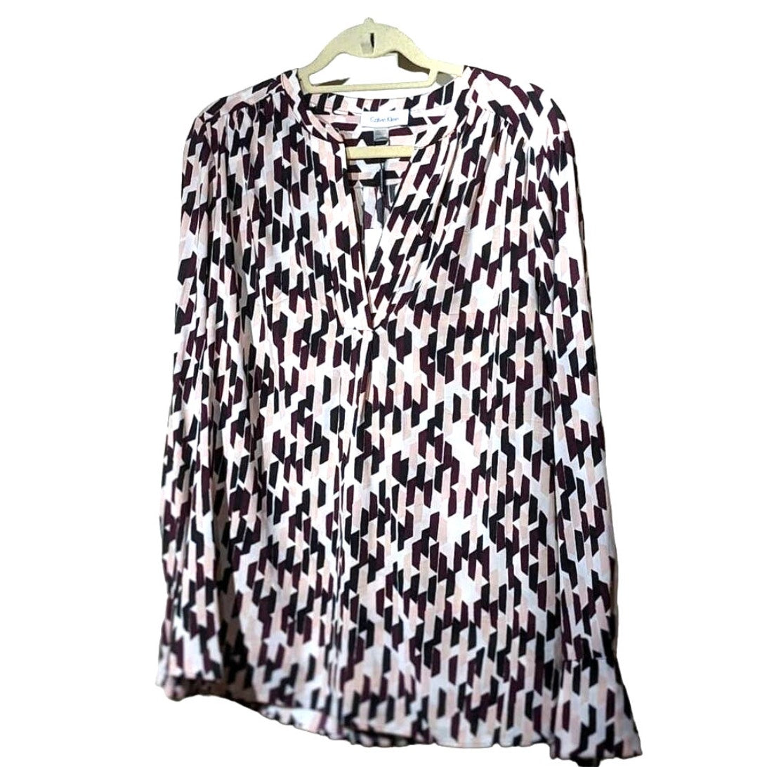 Calvin Klein Maroon Pink Black White Geometric Print V Neck Tunic Womens Sz XL
