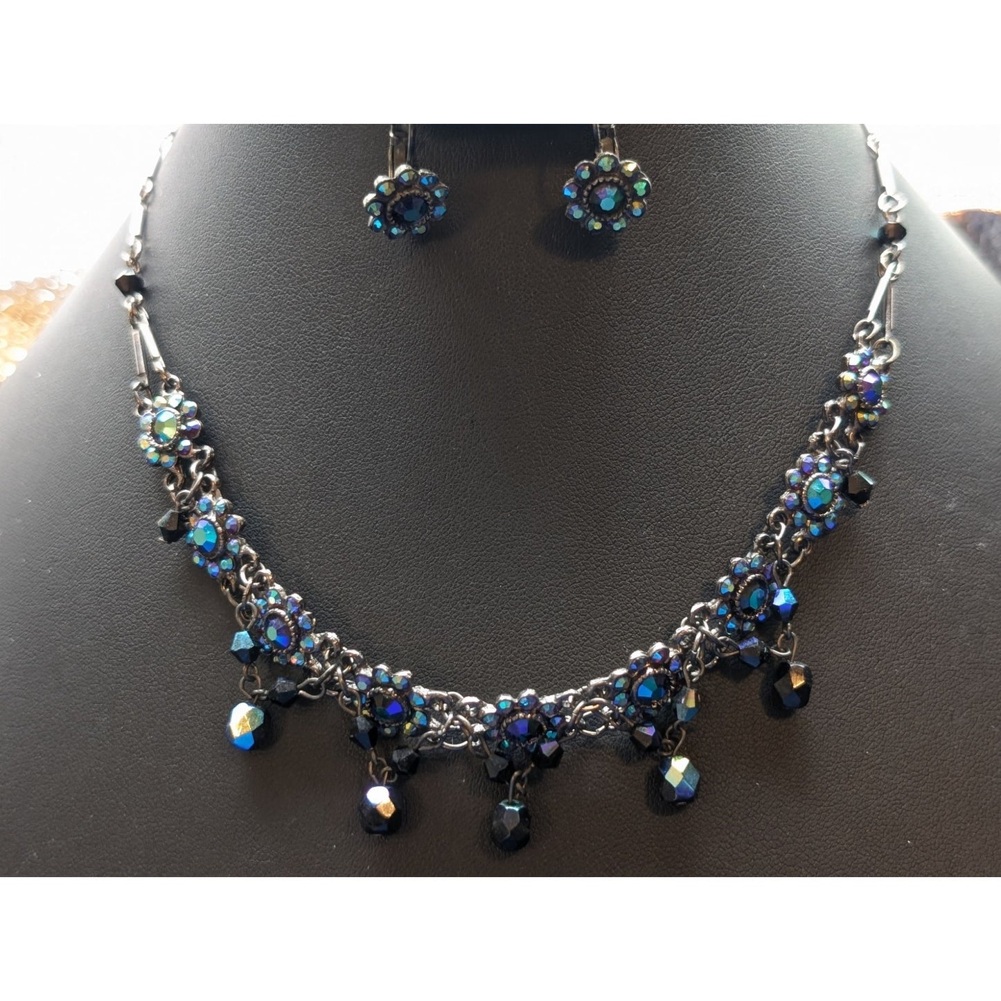Dark Blue AB Crystal Gun Metal 11"-15.5" Necklace and Lever Back Earring Set