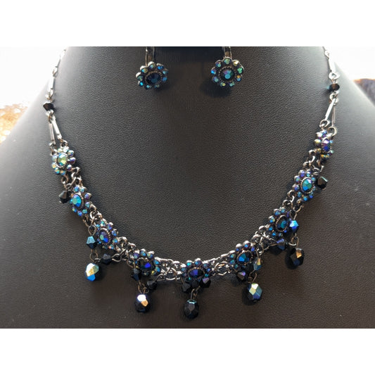 Dark Blue AB Crystal Gun Metal 11"-15.5" Necklace and Lever Back Earring Set