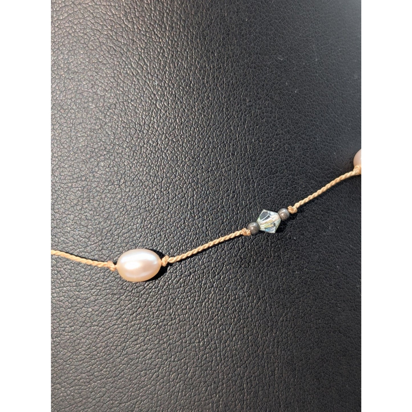 VTG 925 Sterling Silver Pale Pink Pearl Crystal on Cord Toggle 17.5" Necklace