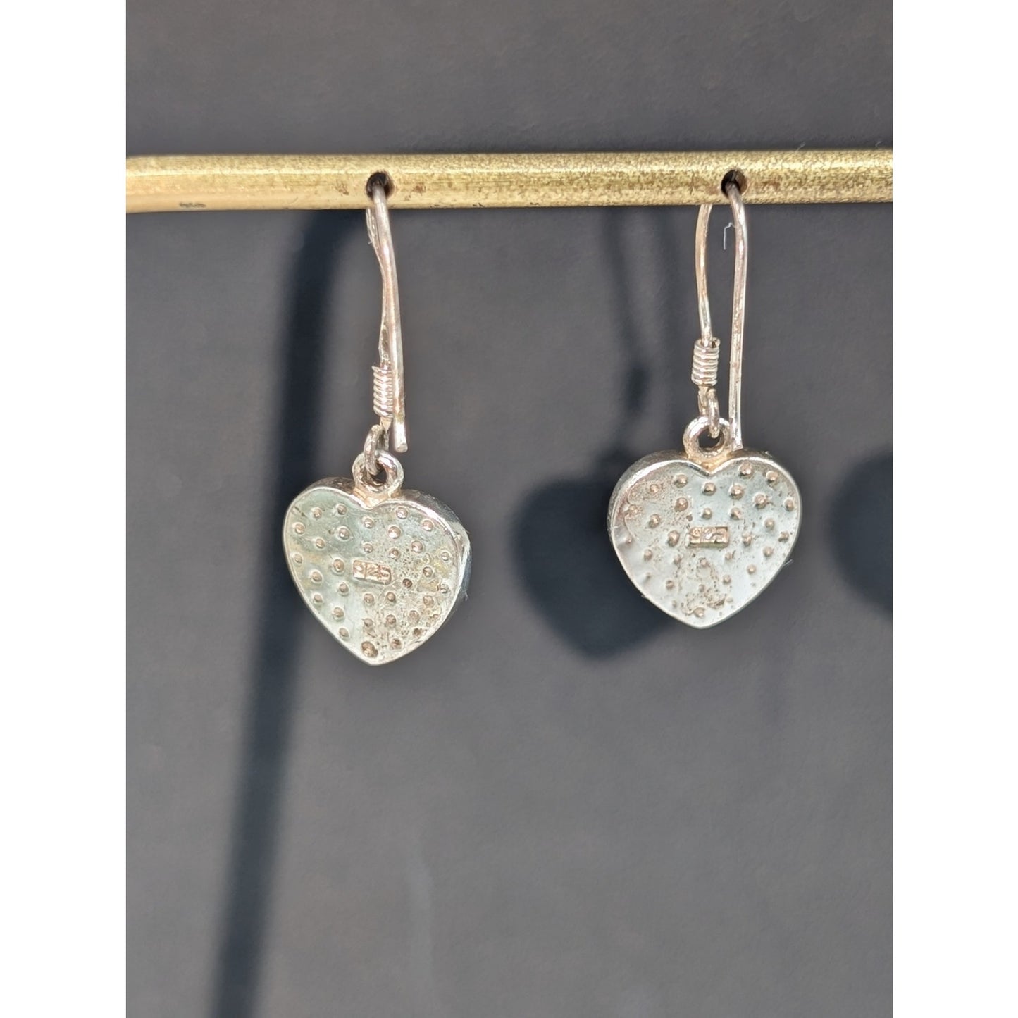 VTG 925 Sterling Silver Multi-Color Mother of Pearl Inlay Heart Dangle Earrings