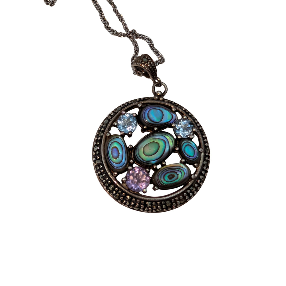 Vtg 925 Sterling Silver SLC Thailand Abalone Gemstone Marcasite Pendant Necklace
