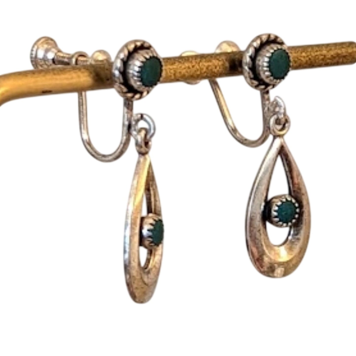 Vintage Marked Sterling Petit Point Turquoise Screw On Teardrop Dangle Earrings